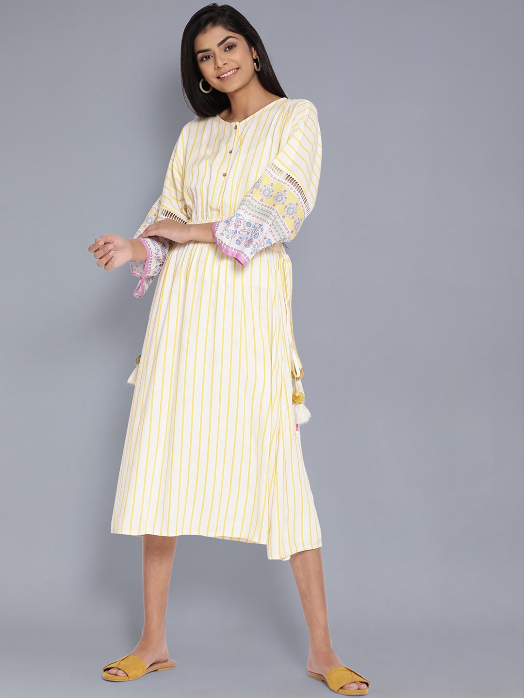 

W Women Yellow & White Striped Flared Sleeves Kurta