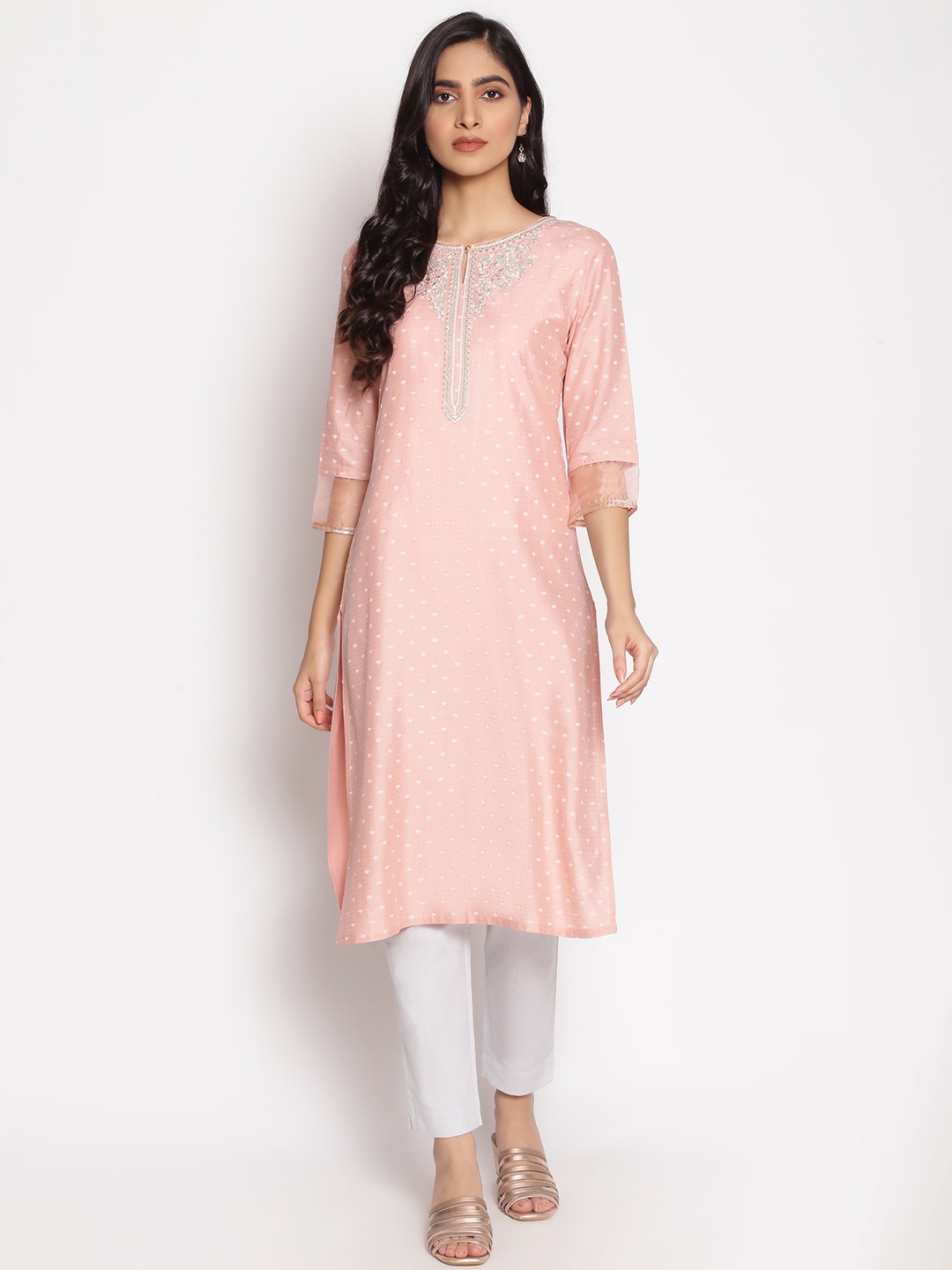 

W Women Pink & White Floral Embroidered Keyhole Neck Kurta