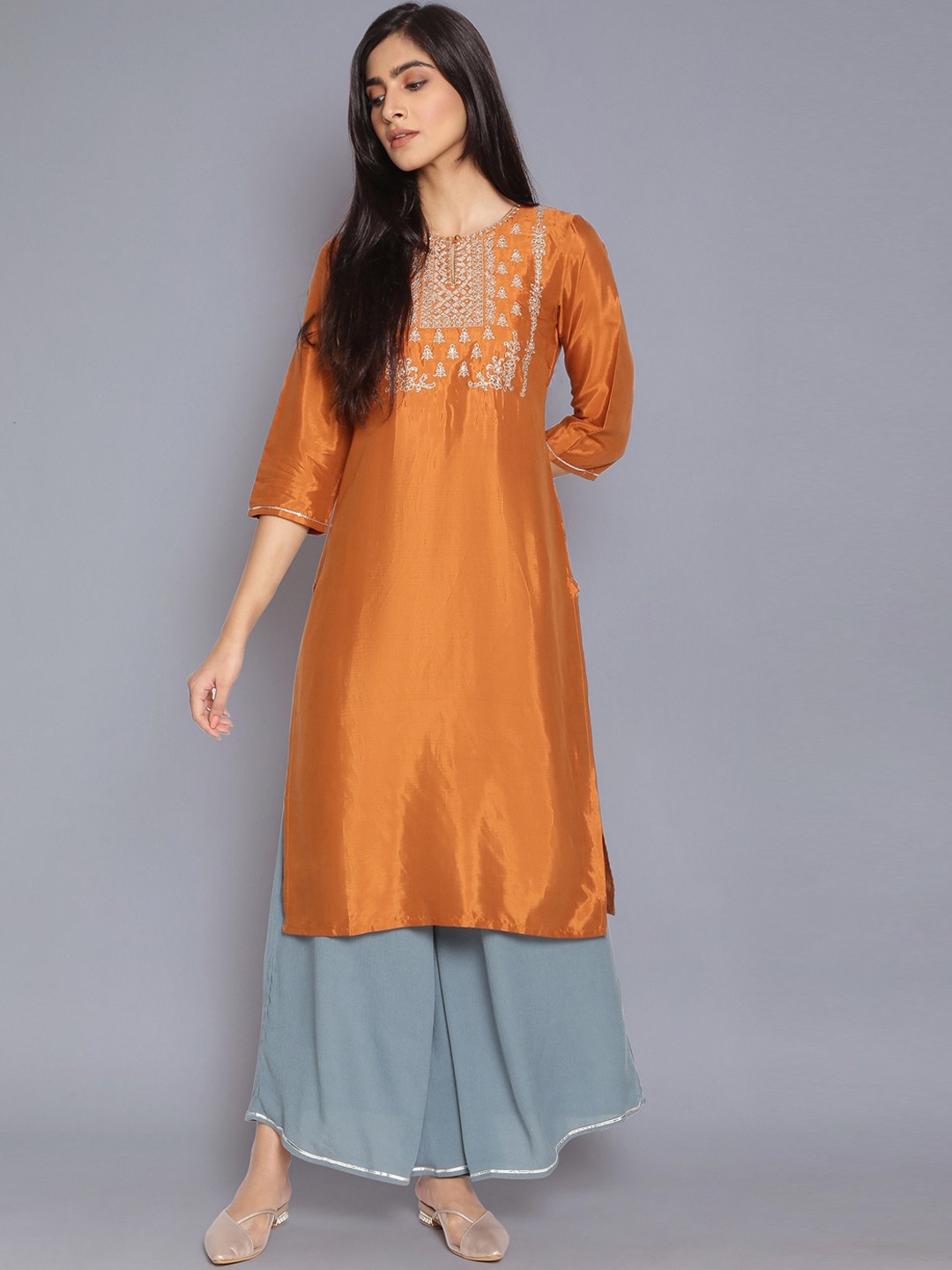 

W Women Orange & White Yoke Design Keyhole Neck Kurta