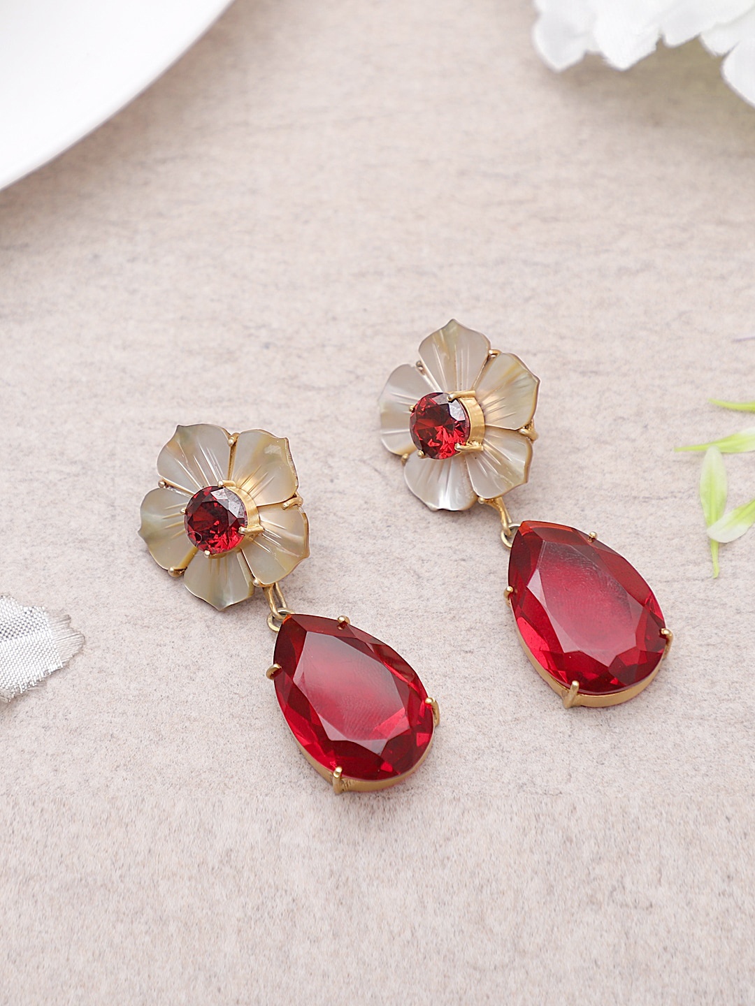 

XAGO Gold-Plated Red & White Floral Drop Earrings