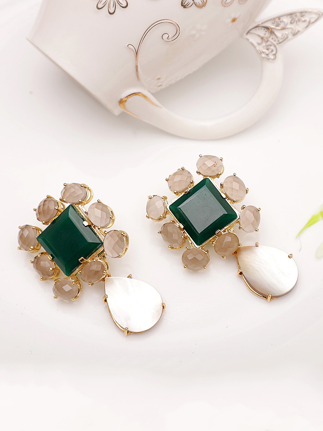 

XAGO Gold-Plated Green & White Contemporary Drop Earrings
