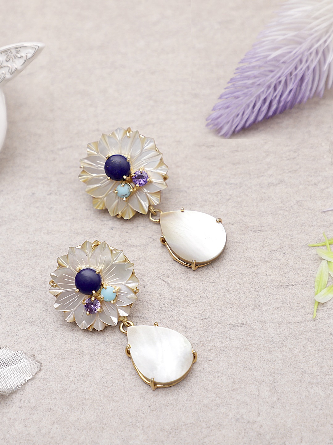 

XAGO Gold-Plated Blue & White Floral Drop Earrings
