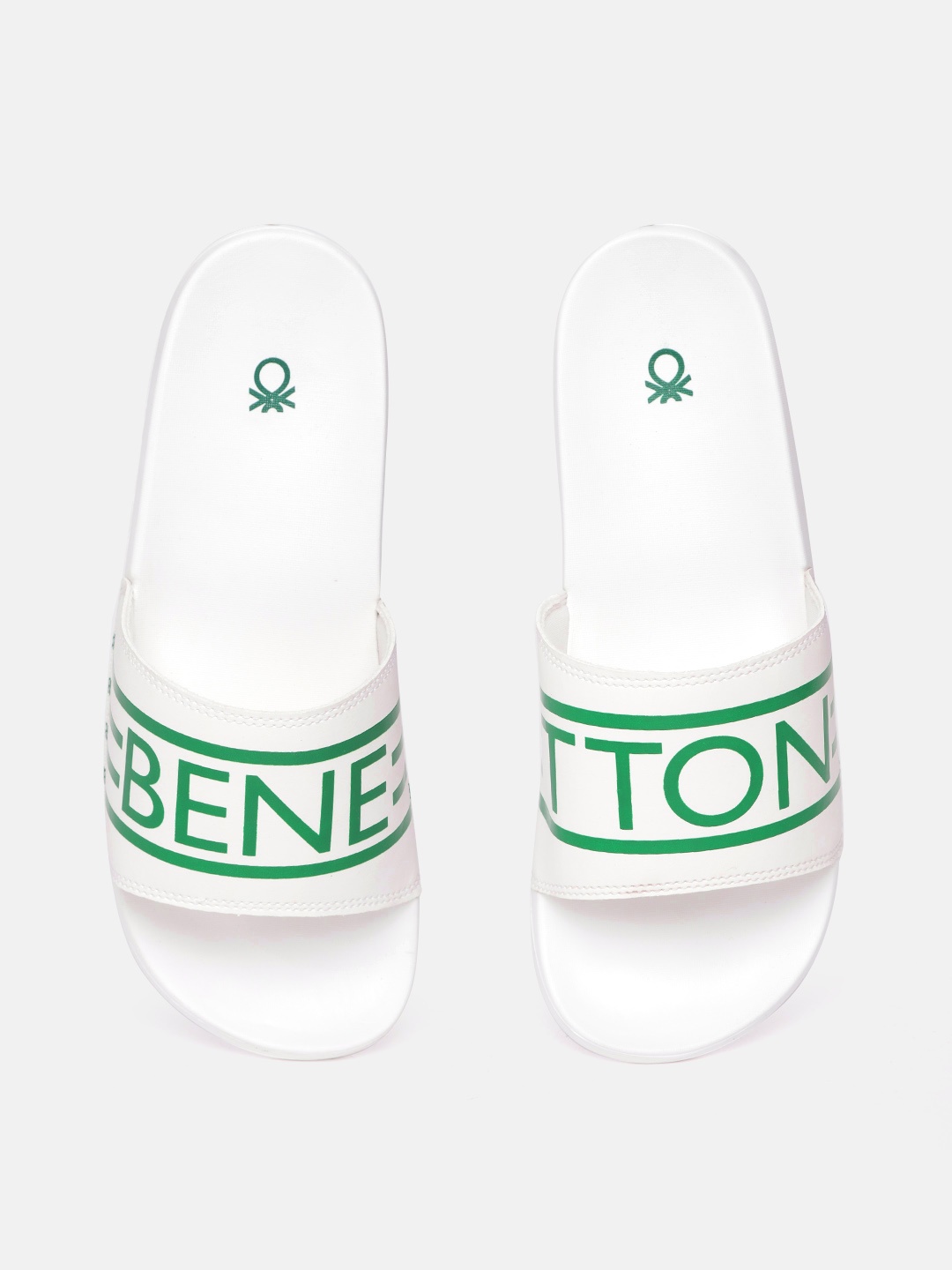 

United Colors of Benetton Men White & Green Brand Logo Print Sliders