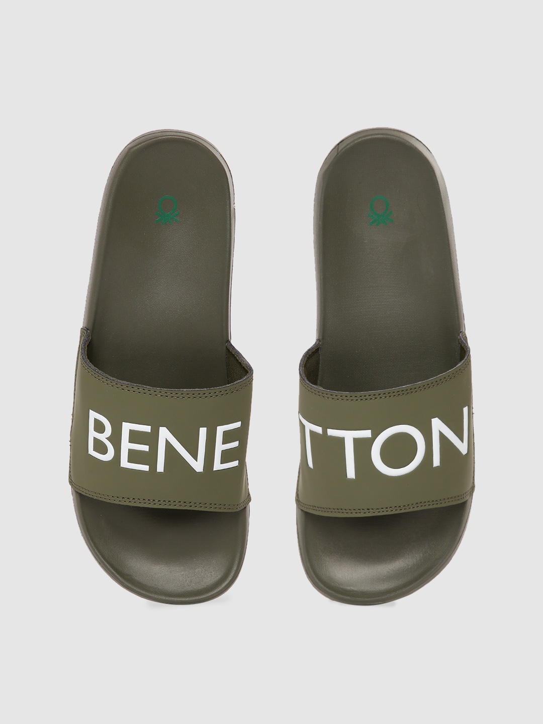

United Colors of Benetton Men Olive Green & White Brand Logo Print Sliders