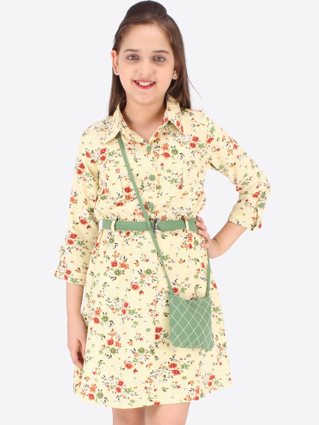 

CUTECUMBER Green & Red Floral Printed Georgette Shirt Dress With Belt