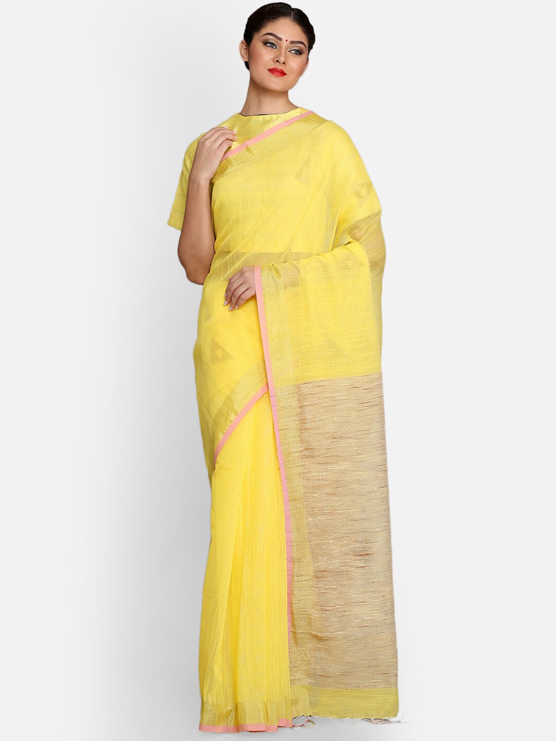 

THE WEAVE TRAVELLER Yellow & Beige Woven Design Zari Jamdani Saree