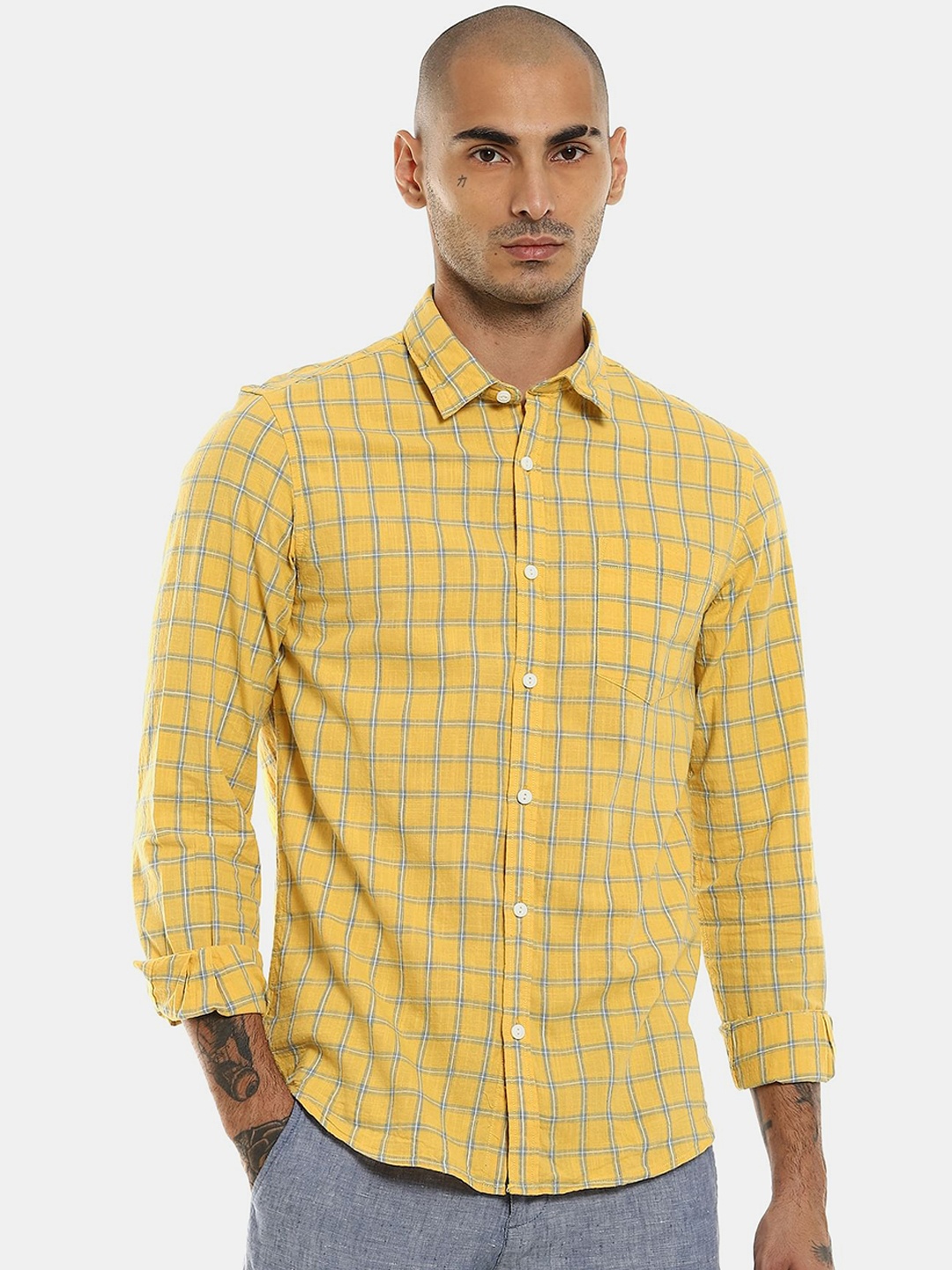 

Ruggers Men Yellow & Blue Checked Cotton Casual Shirt