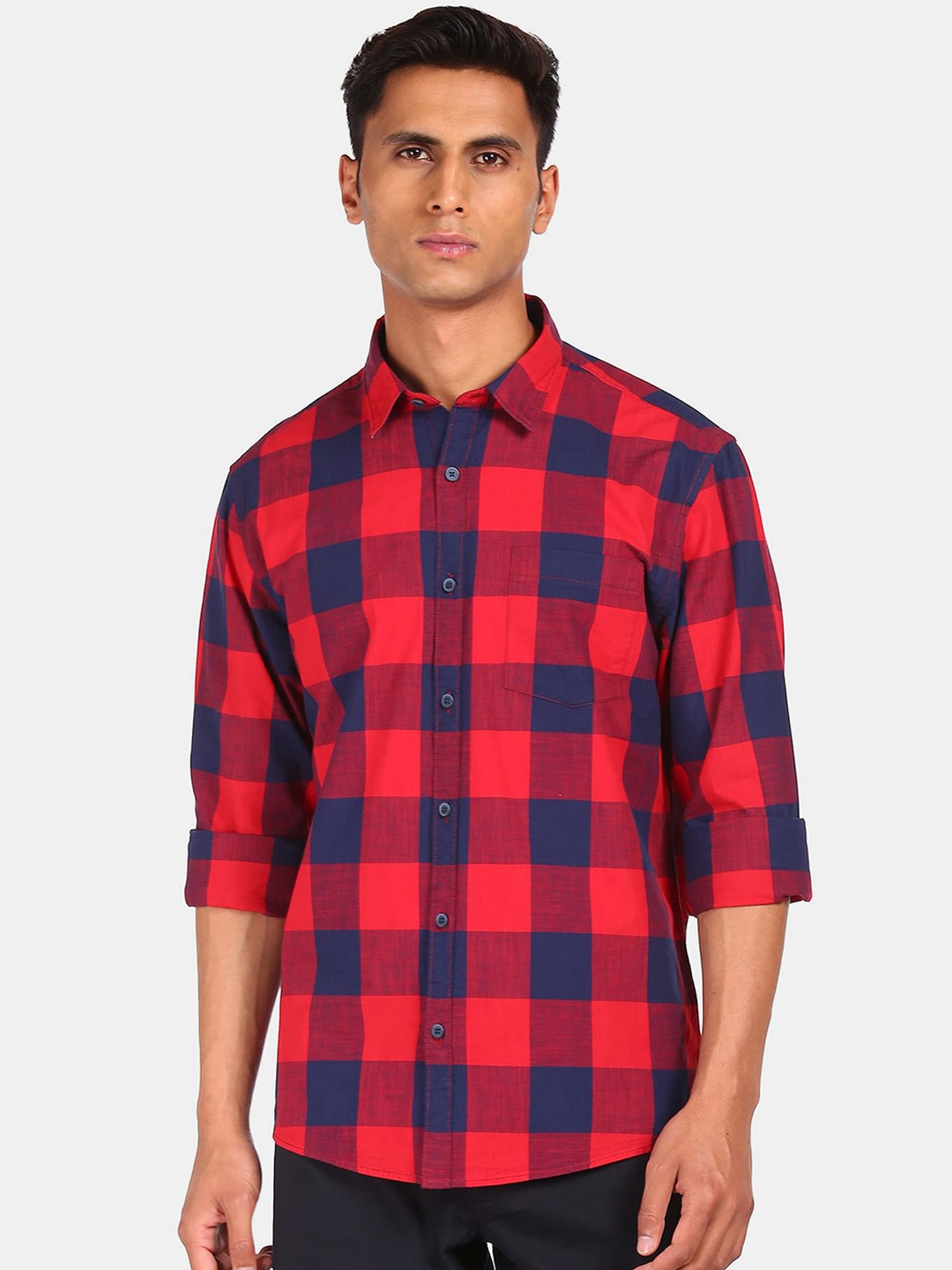 

Ruggers Men Red & Navy Blue Checked Cotton Casual Shirt