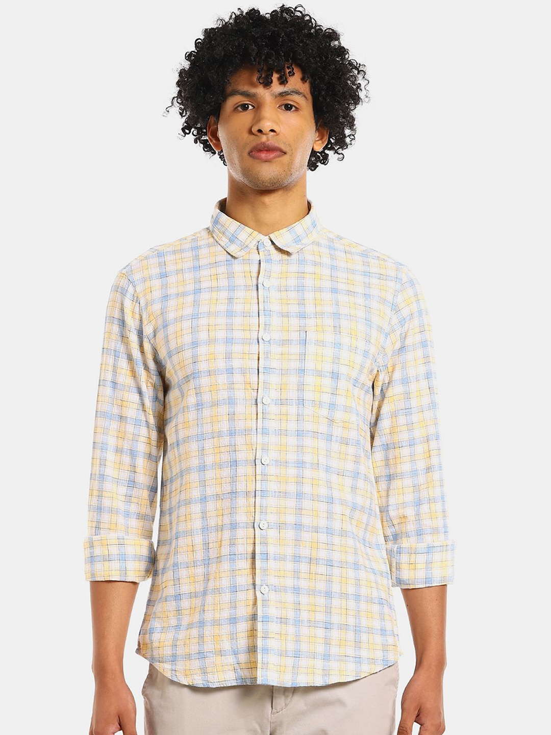 

Ruggers Men Yellow & Blue Checked Cotton Casual Shirt