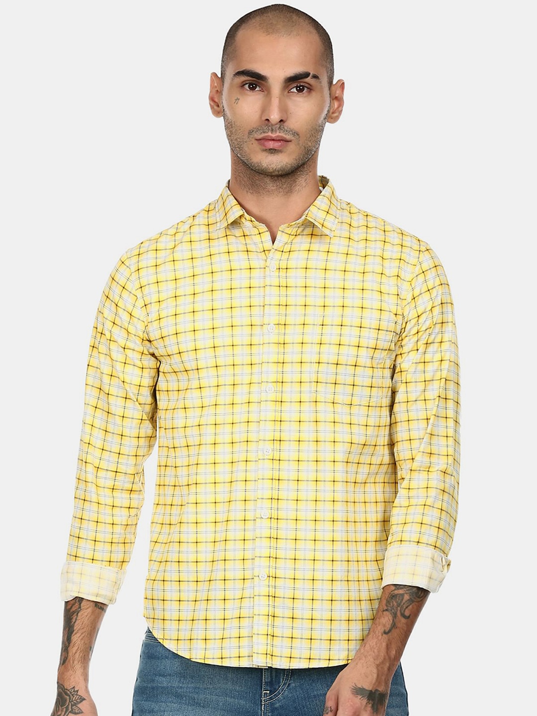 

Ruggers Men Yellow & White Checked Cotton Casual Shirt