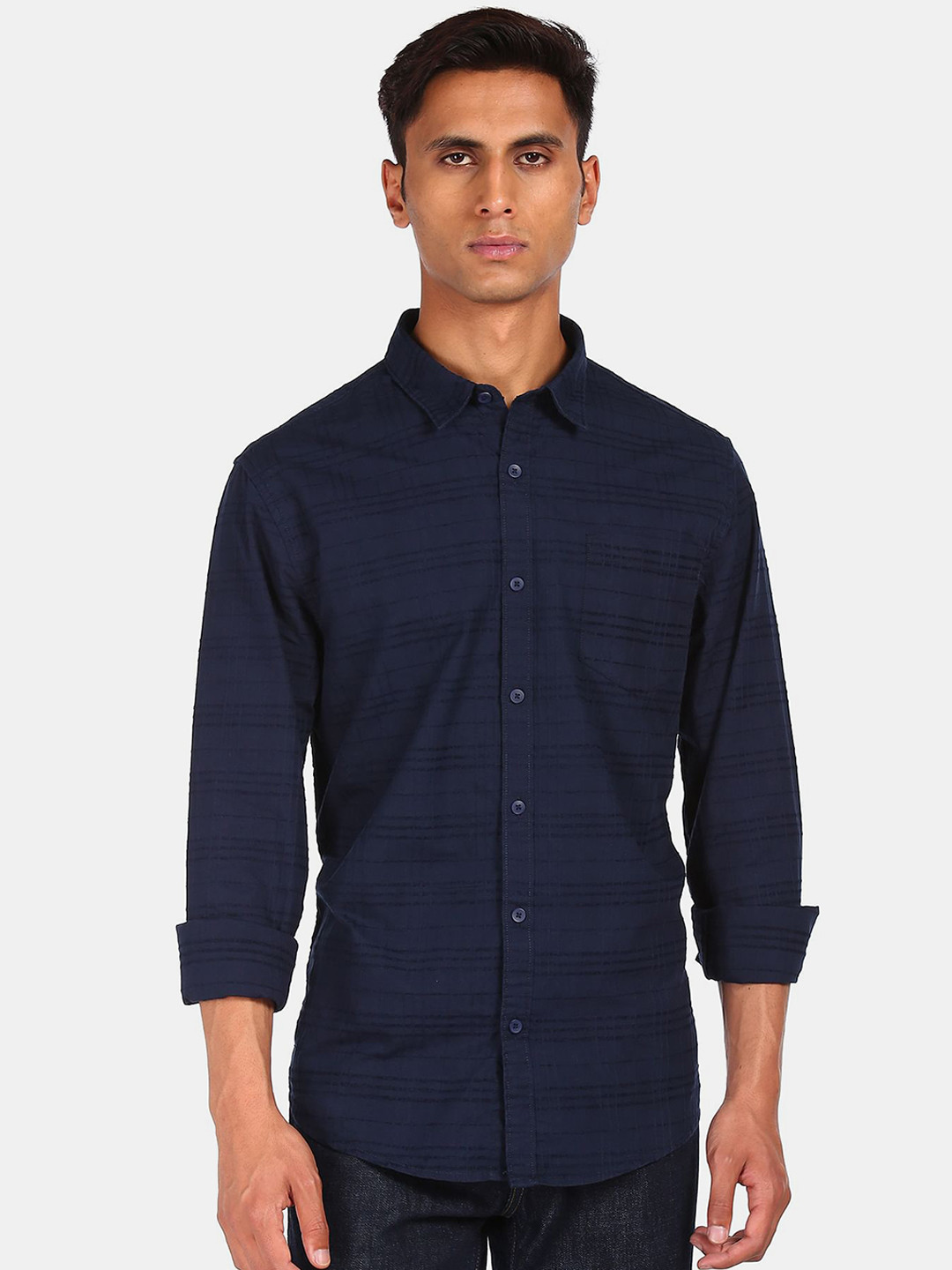 

Ruggers Men Navy Blue Striped Cotton Casual Shirt