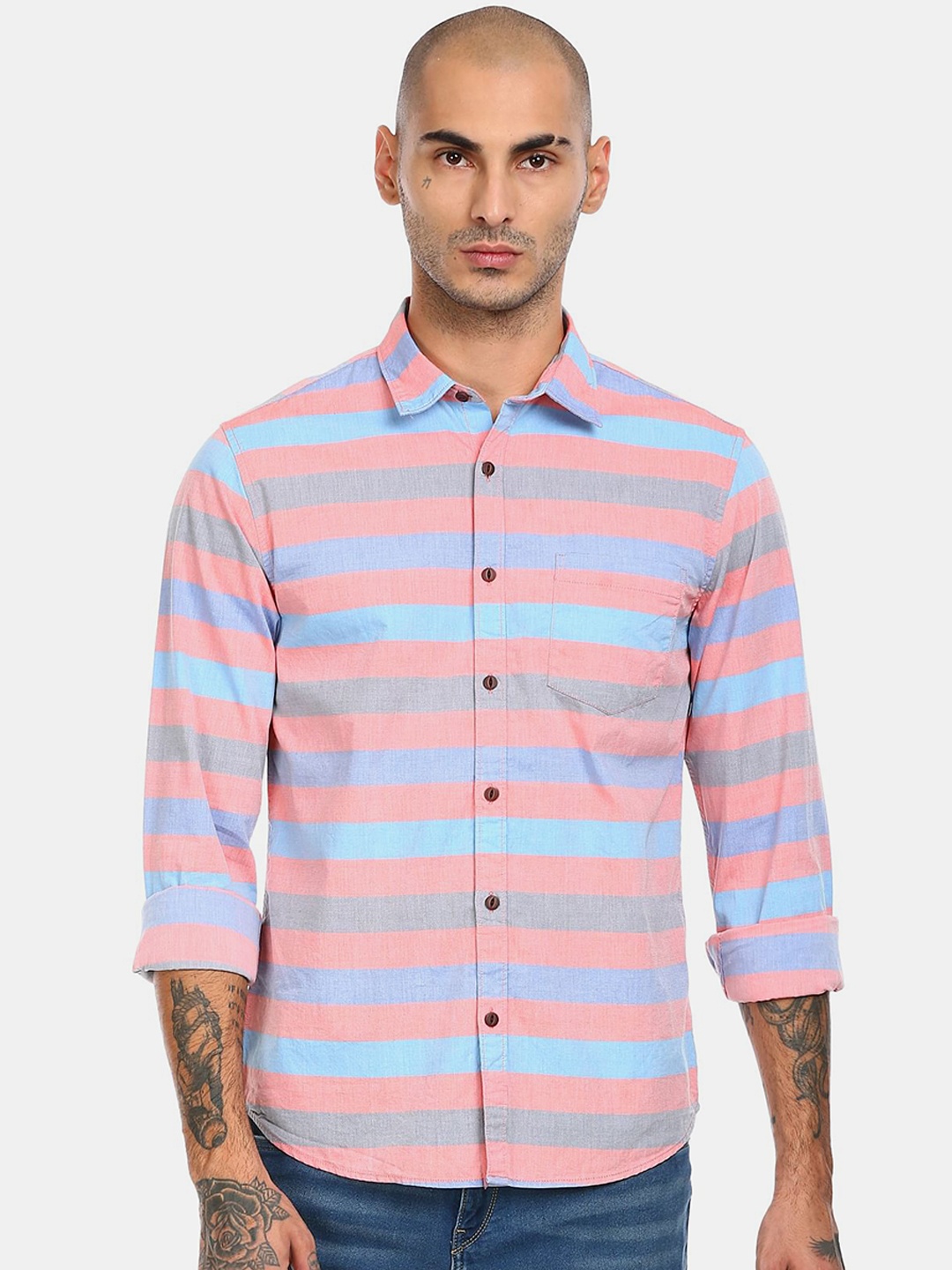 

Ruggers Men Pink & Blue Striped Cotton Casual Shirt