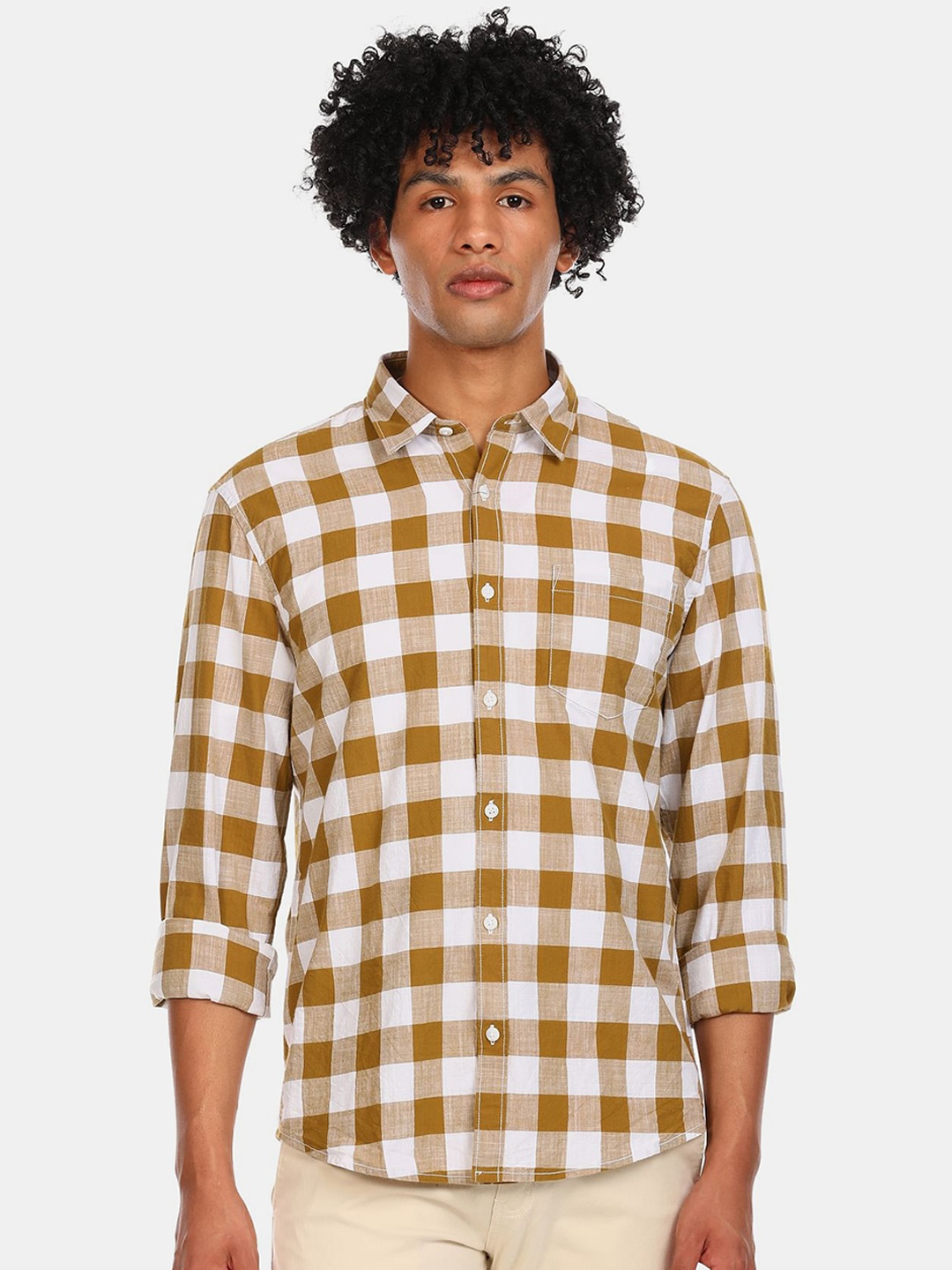 

Ruggers Men Olive Green & White Checked Cotton Casual Shirt