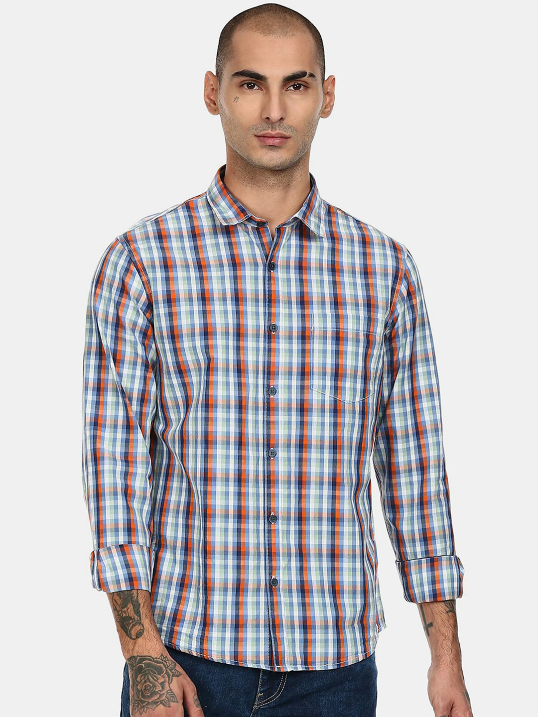 

Ruggers Men Orange & Blue Checked Cotton Casual Shirt