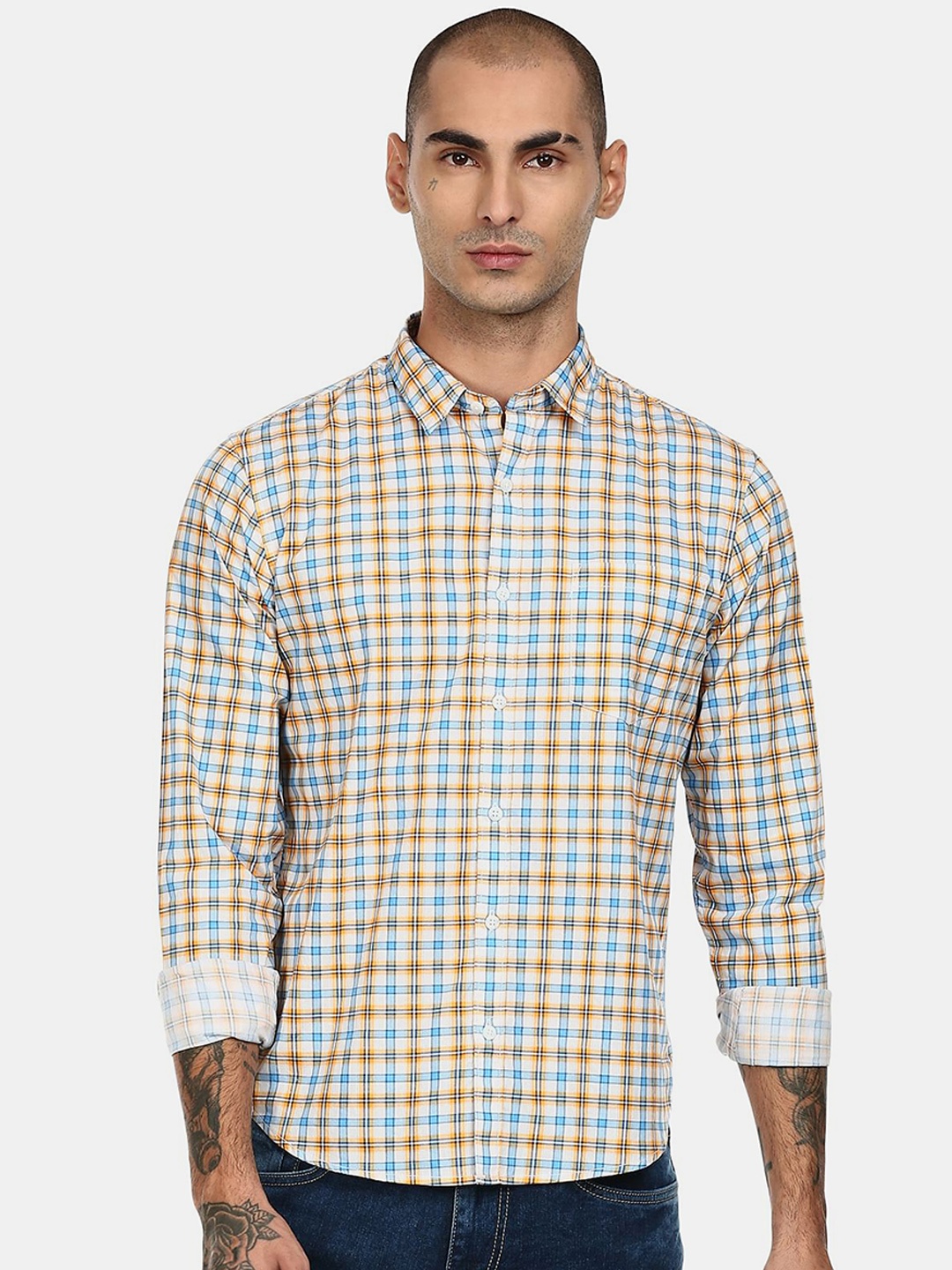 

Ruggers Men White & Yellow Checked Cotton Casual Shirt