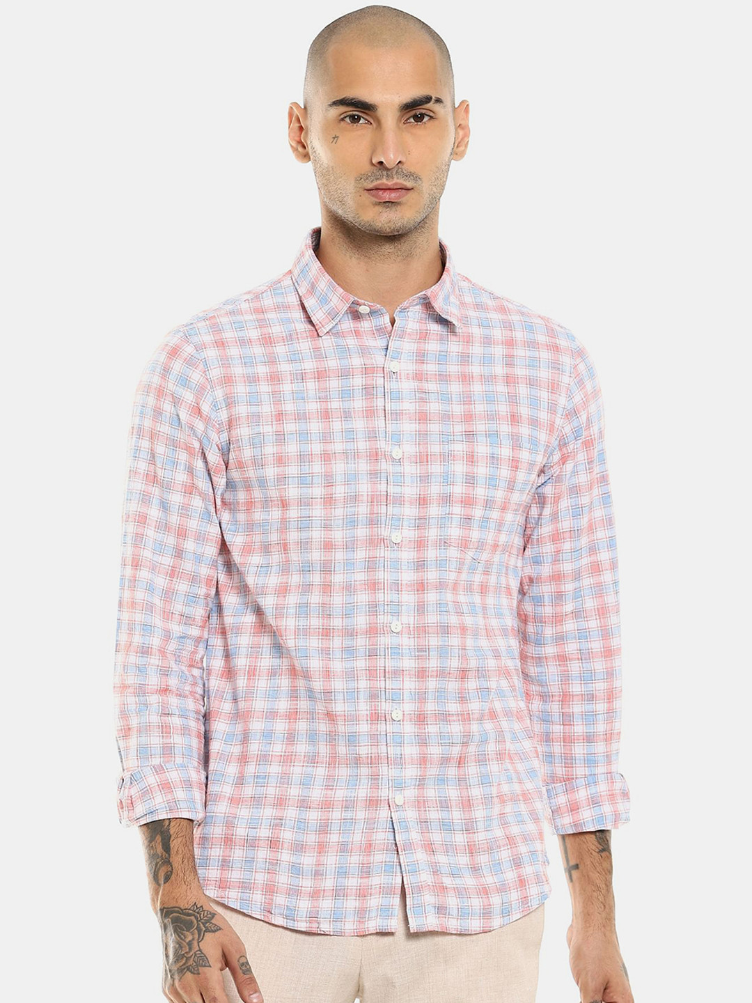 

Ruggers Men Orange & Blue Checked Cotton Casual Shirt