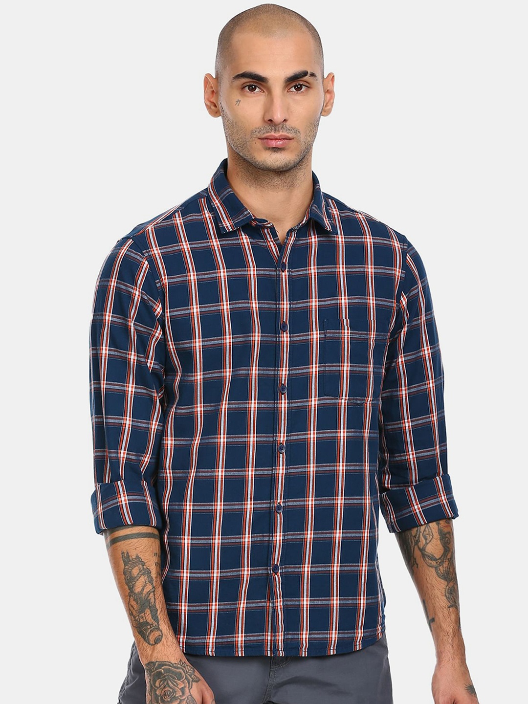 

Ruggers Men Navy Blue & Red Checked Cotton Casual Shirt