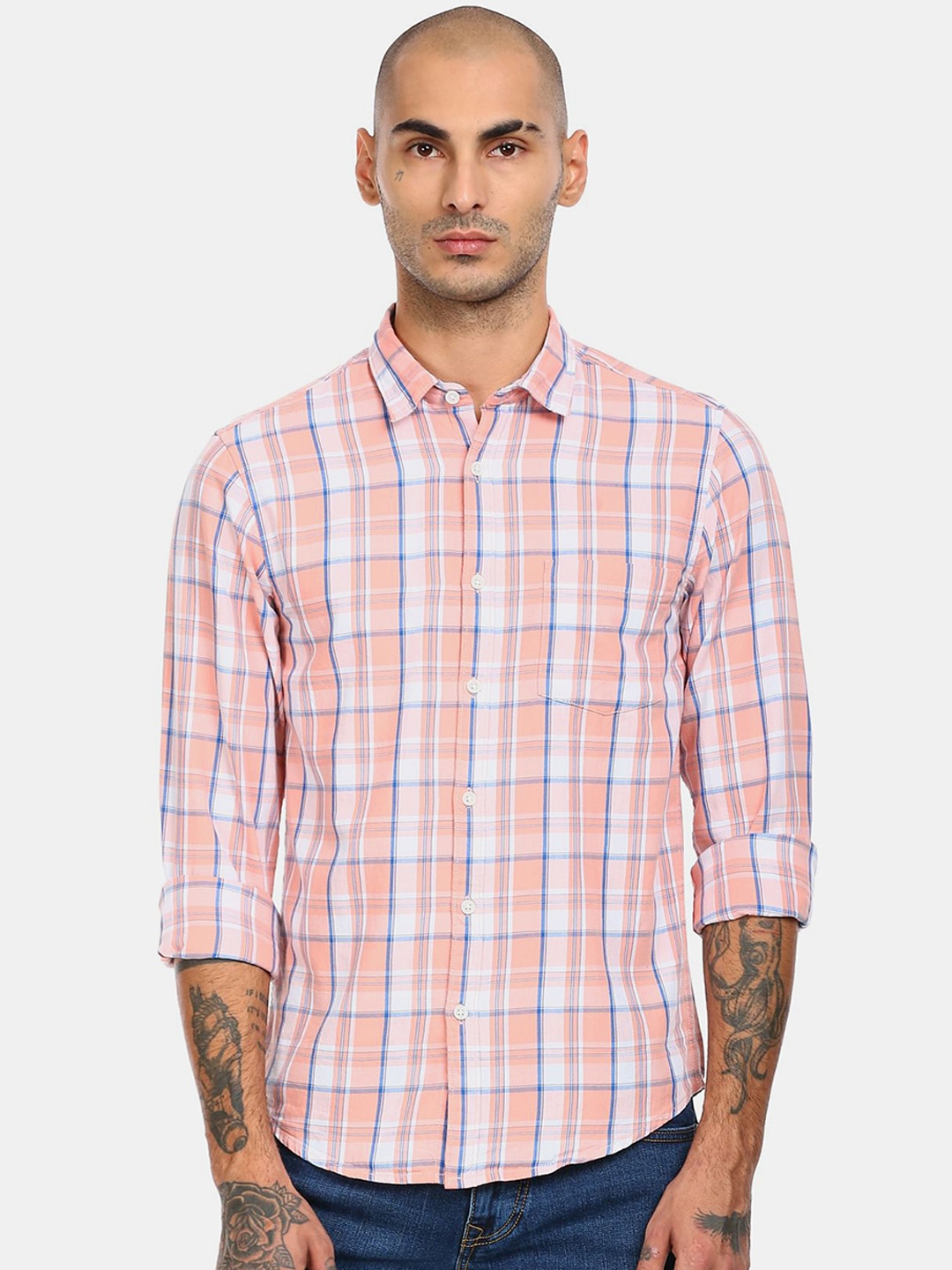 

Ruggers Men Peach-Coloured & White Checked Cotton Casual Shirt