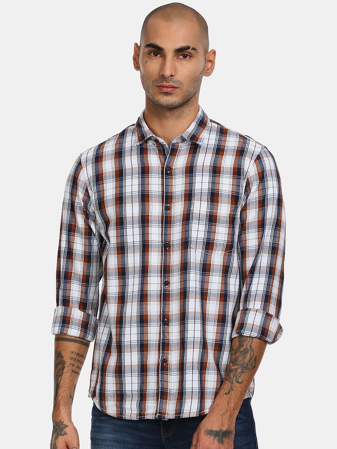 

Ruggers Men Brown & Navy Blue Checked Cotton Casual Shirt