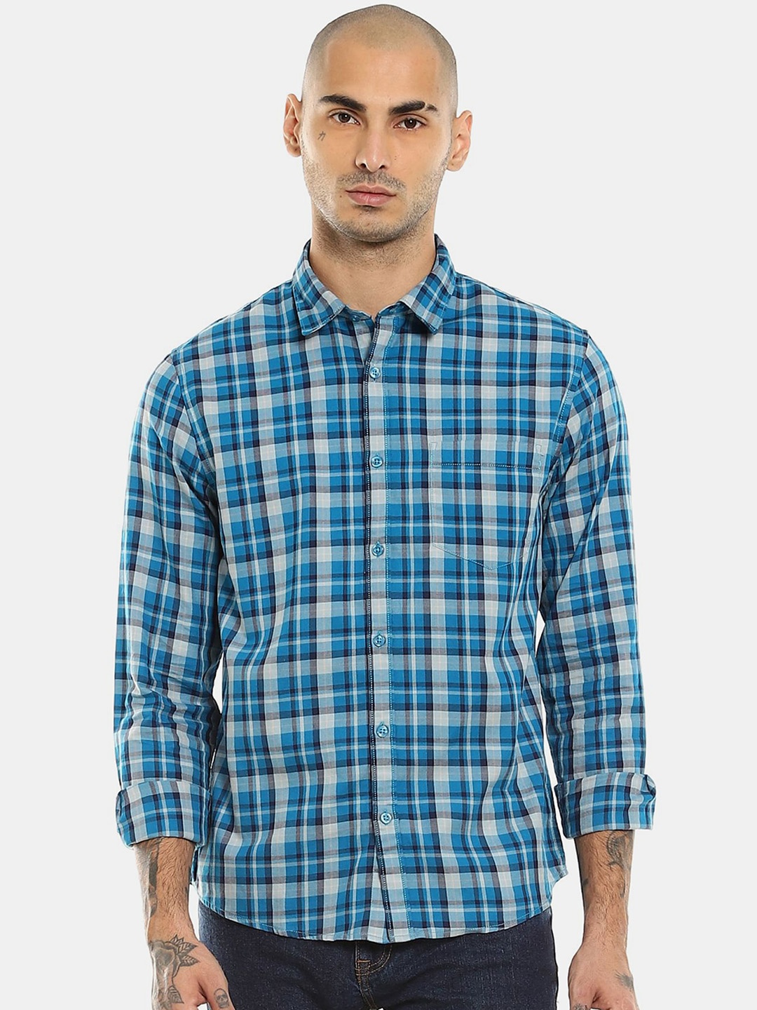 

Ruggers Men Blue Checked Cotton Casual Shirt