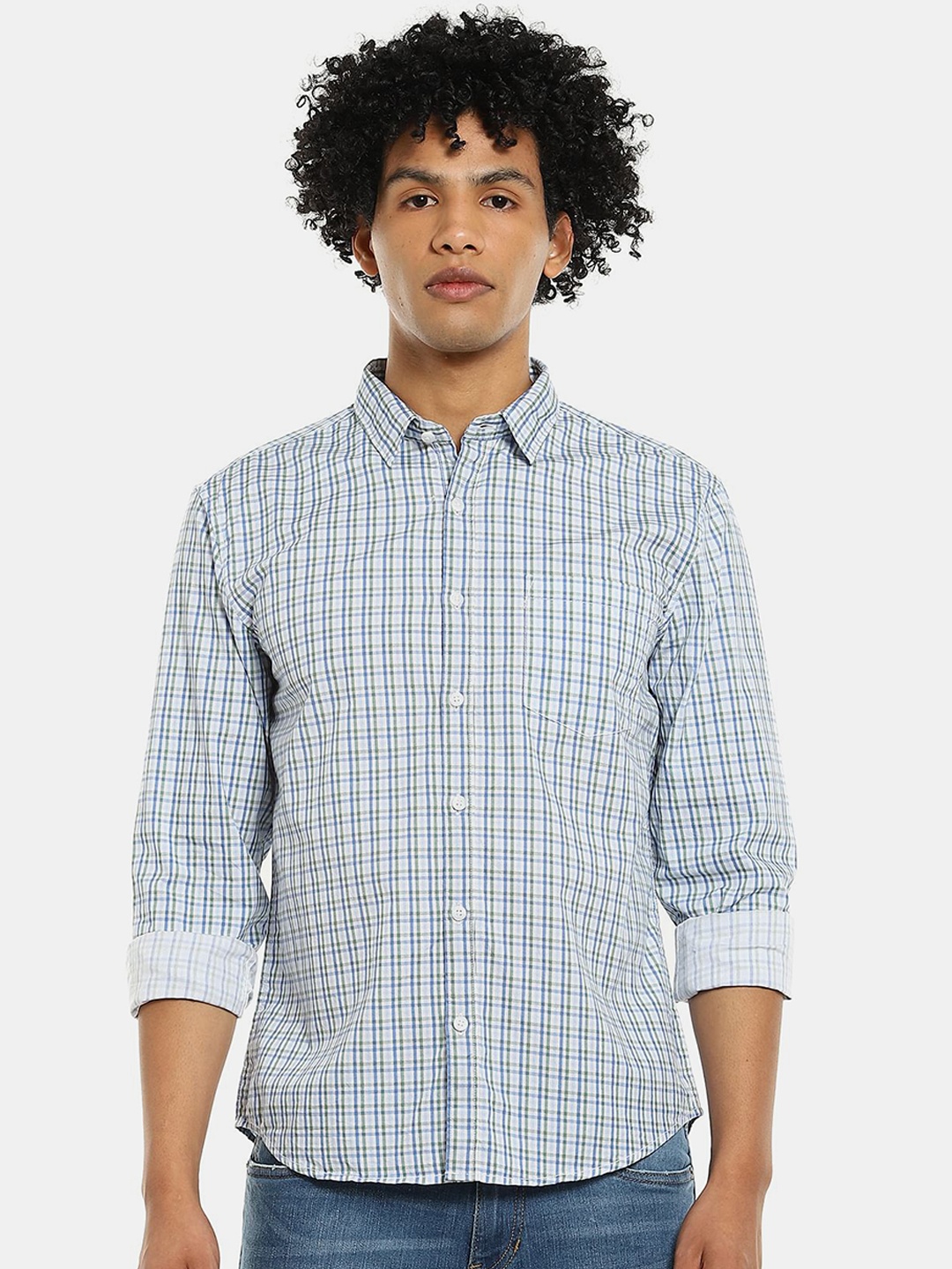 

Ruggers Men Green & Blue Checked Cotton Casual Shirt