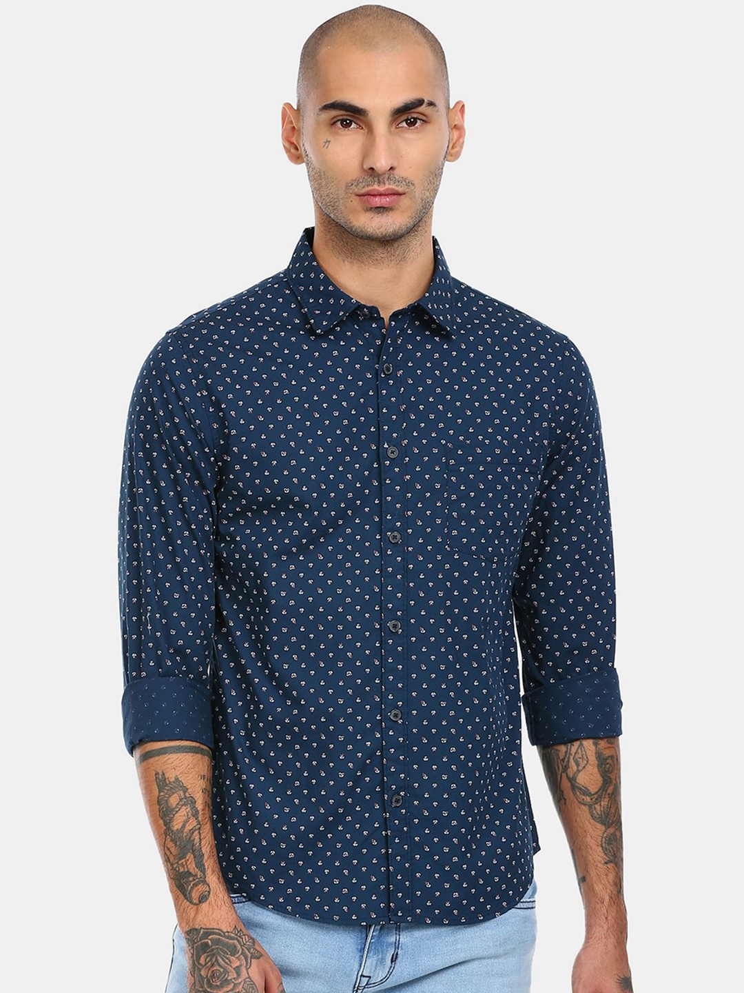 

Ruggers Men Navy Blue & White Printed Cotton Casual Shirt