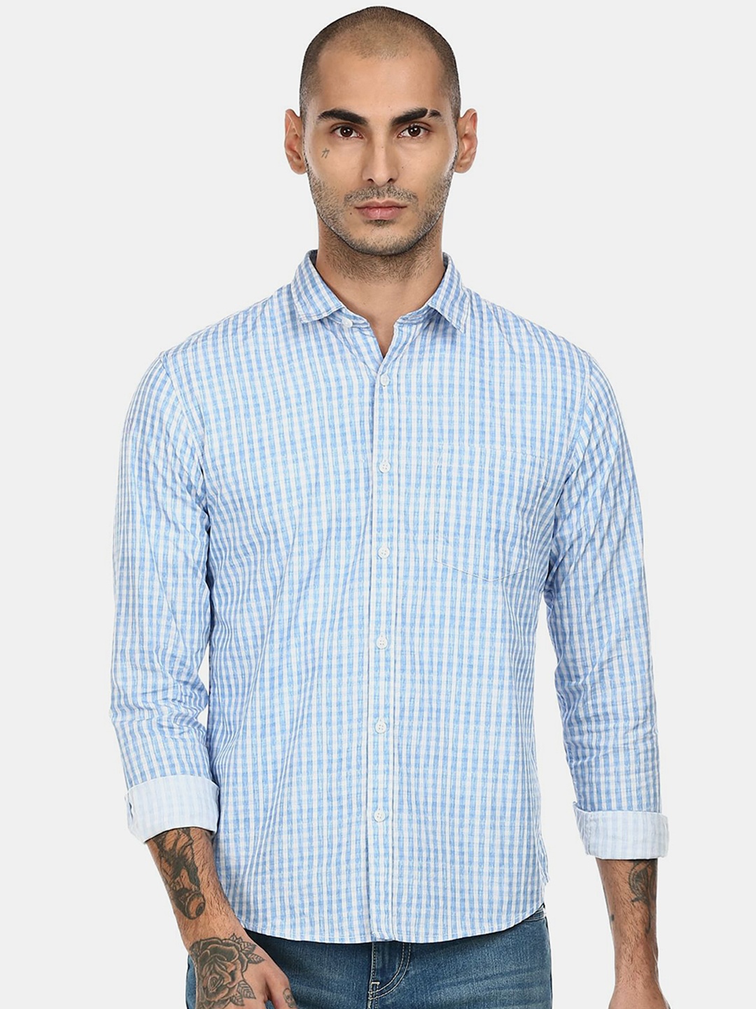 

Ruggers Men Blue & White Checked Cotton Casual Shirt