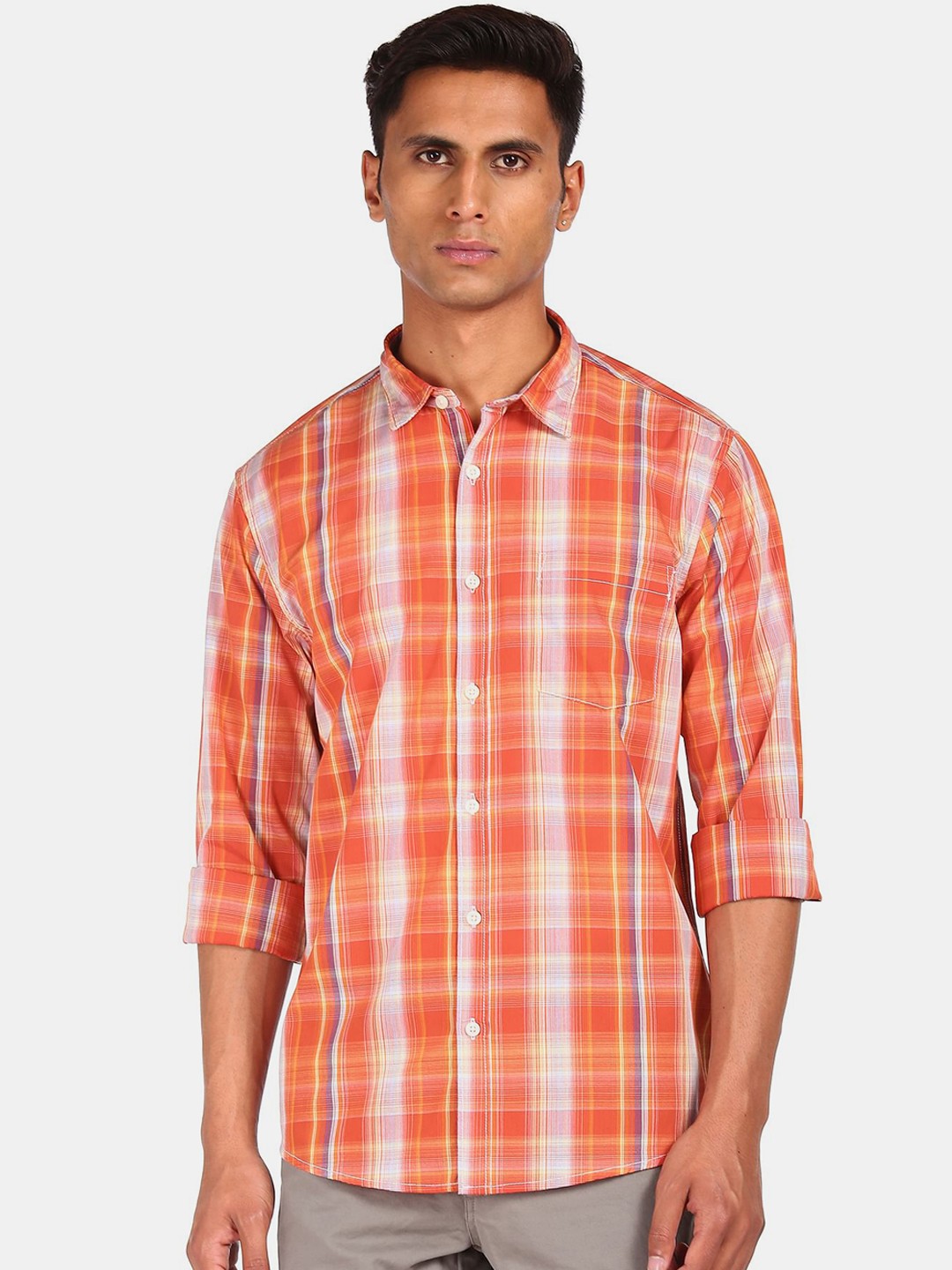 

Ruggers Men Orange & White Checked Cotton Casual Shirt