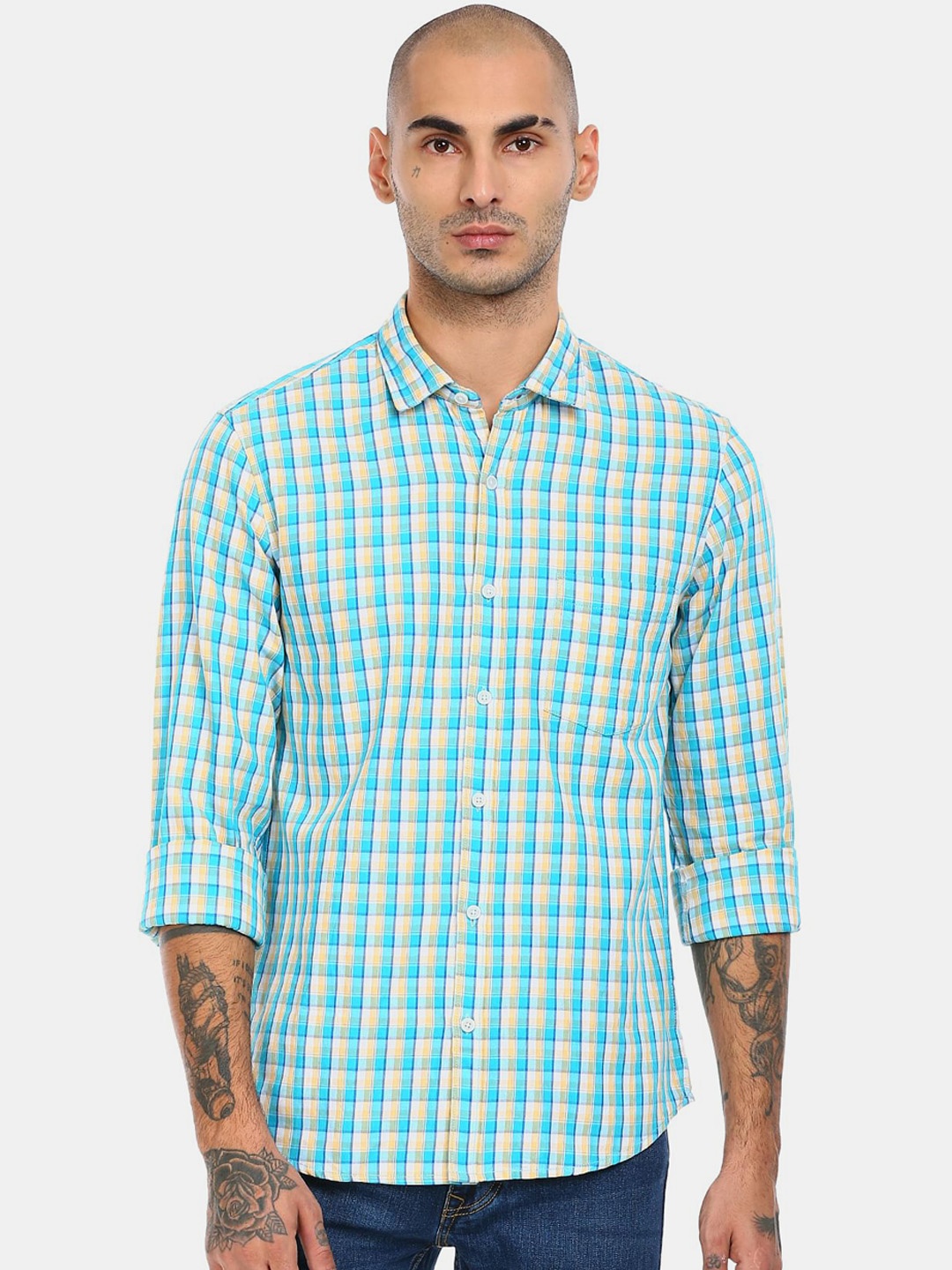 

Ruggers Men Blue & Yellow Checked Cotton Casual Shirt