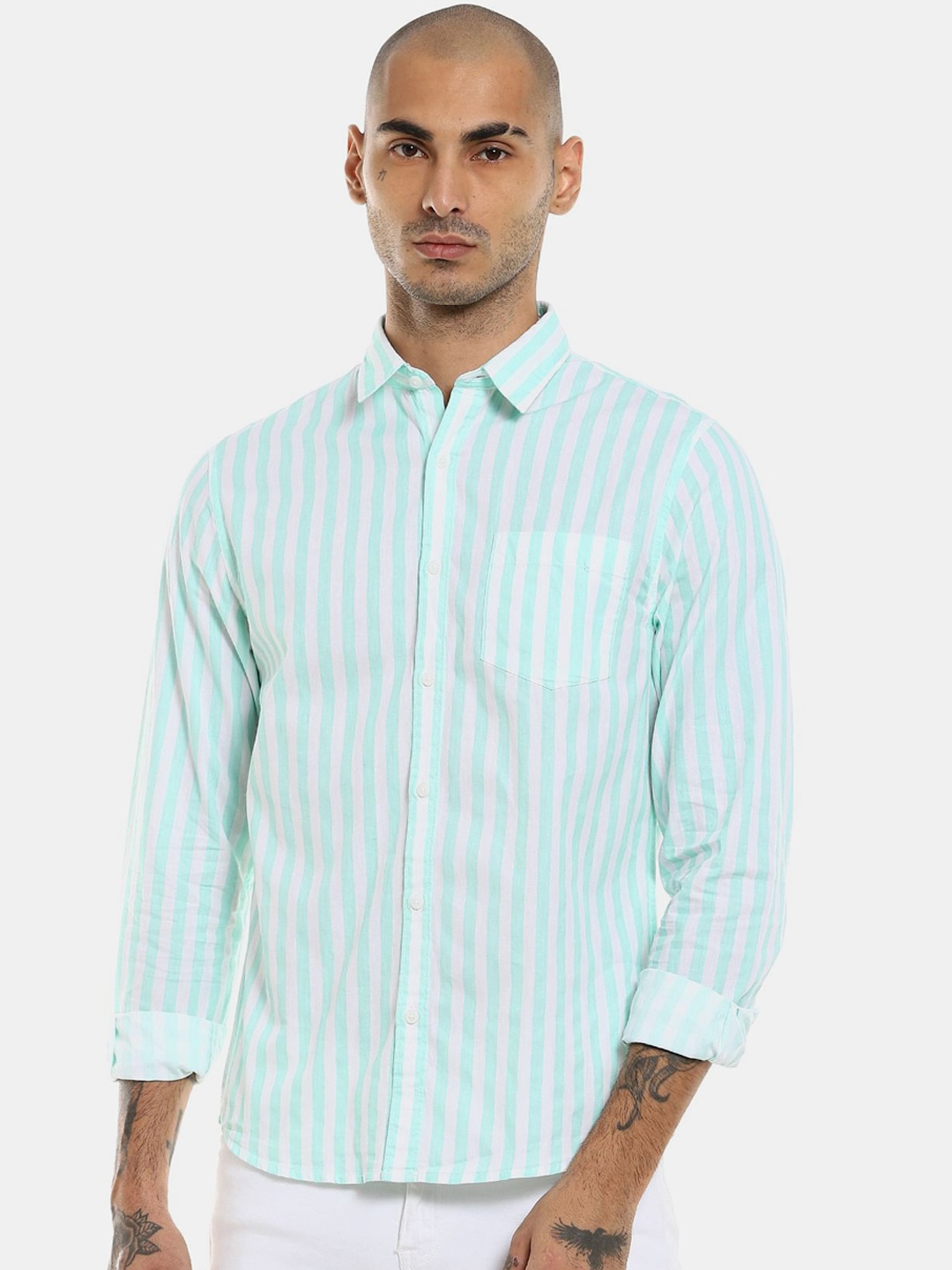 

Ruggers Men Green & White Striped Cotton Casual Shirt