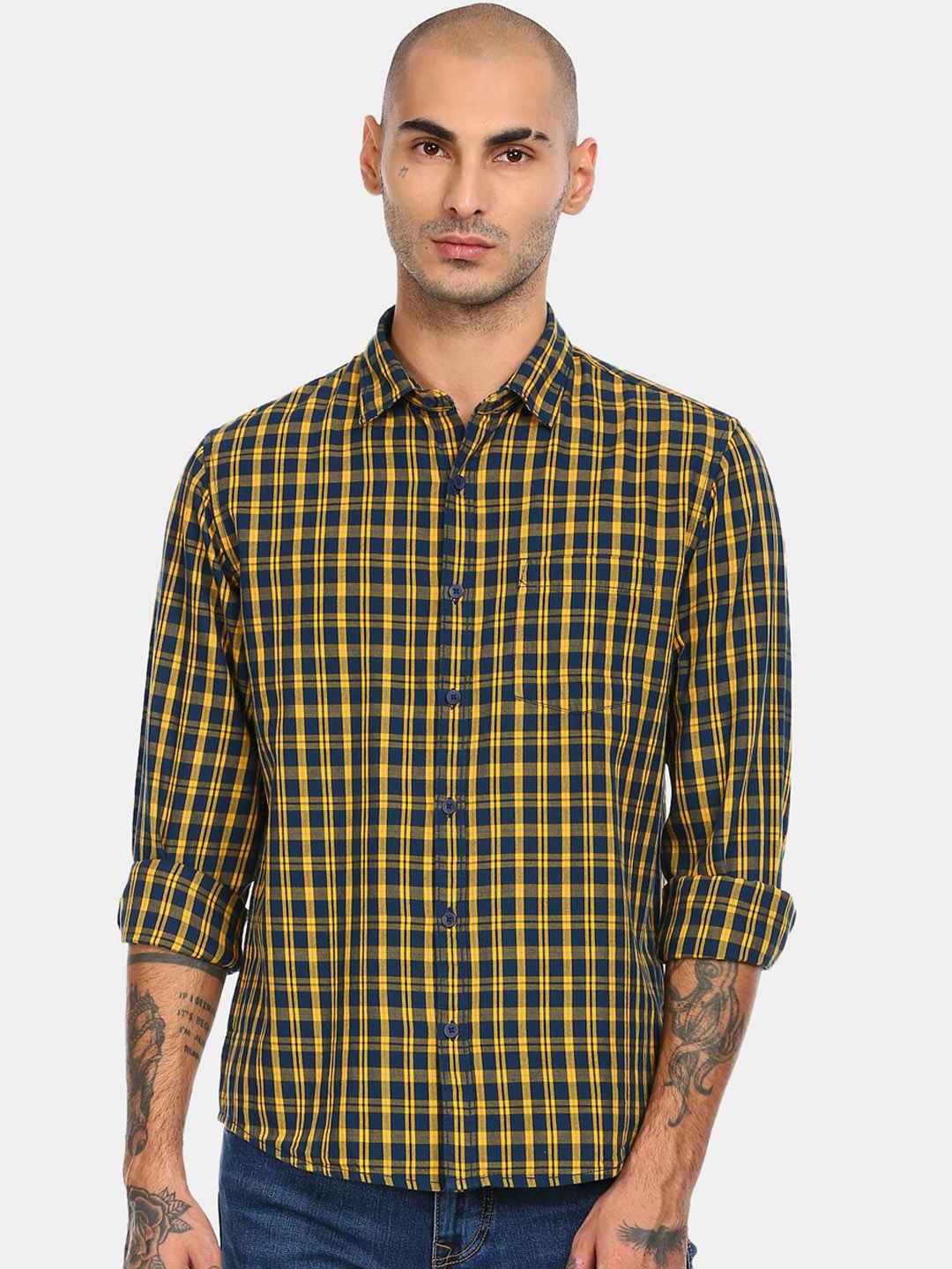 

Ruggers Men Yellow & Navy Blue Checked Cotton Casual Shirt