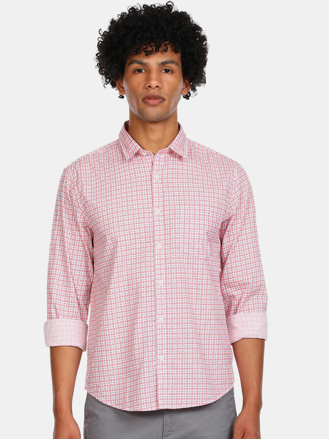 

Ruggers Men Red & White Checked Cotton Casual Shirt
