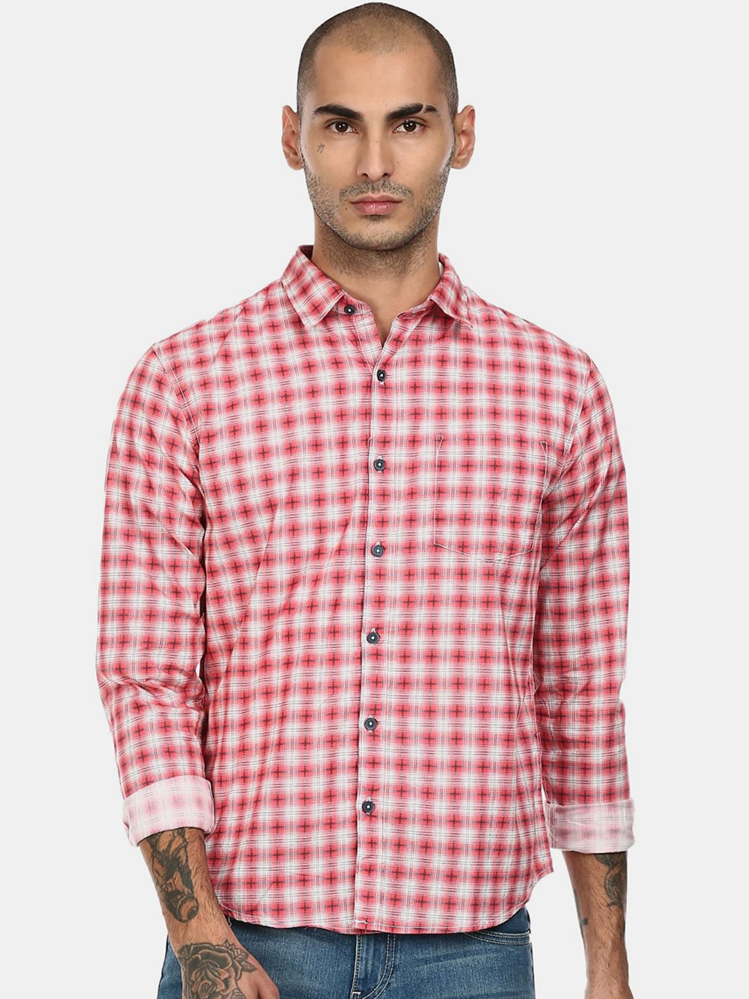 

Ruggers Men Red & White Checked Cotton Casual Shirt