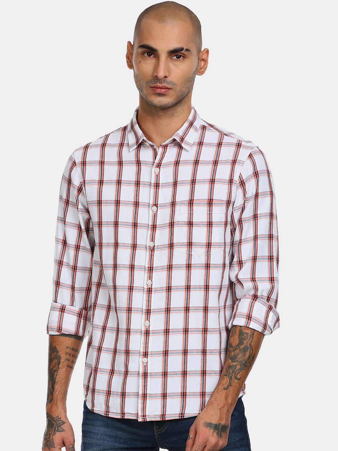 

Ruggers Men White & Orange Checked Cotton Casual Shirt