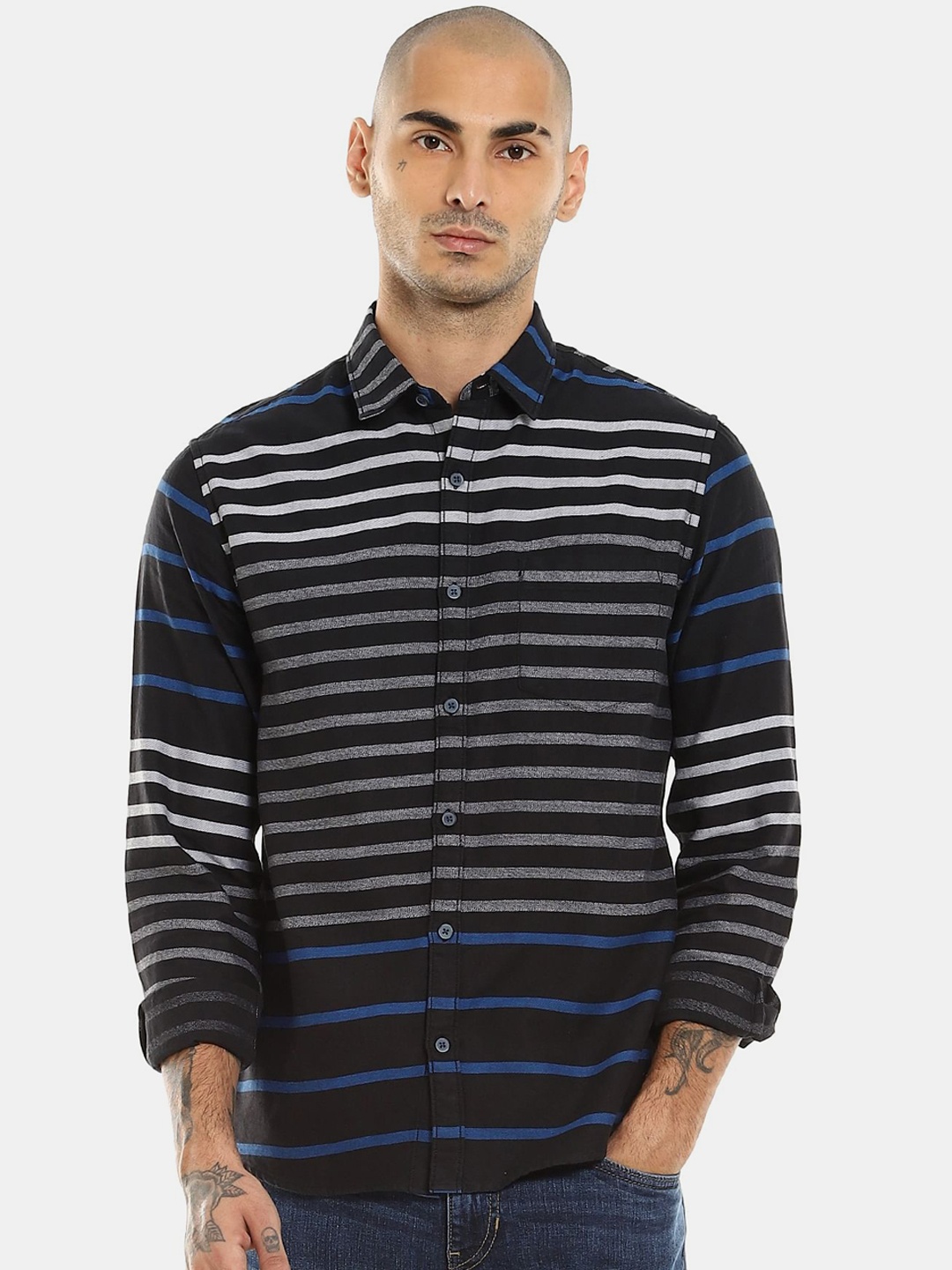 

Ruggers Men Black & White Striped Cotton Casual Shirt