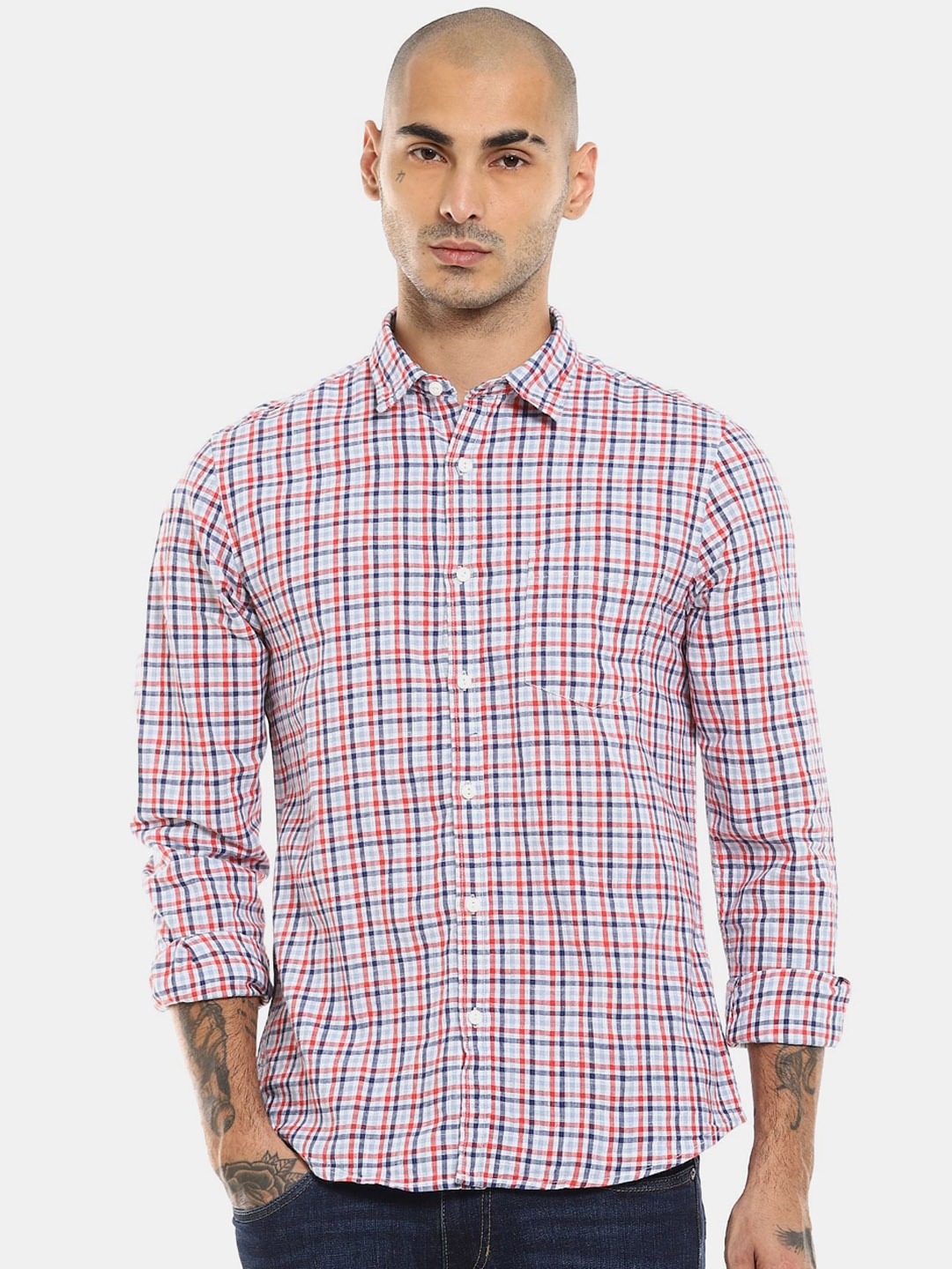 

Ruggers Men Orange & Blue Checked Cotton Casual Shirt