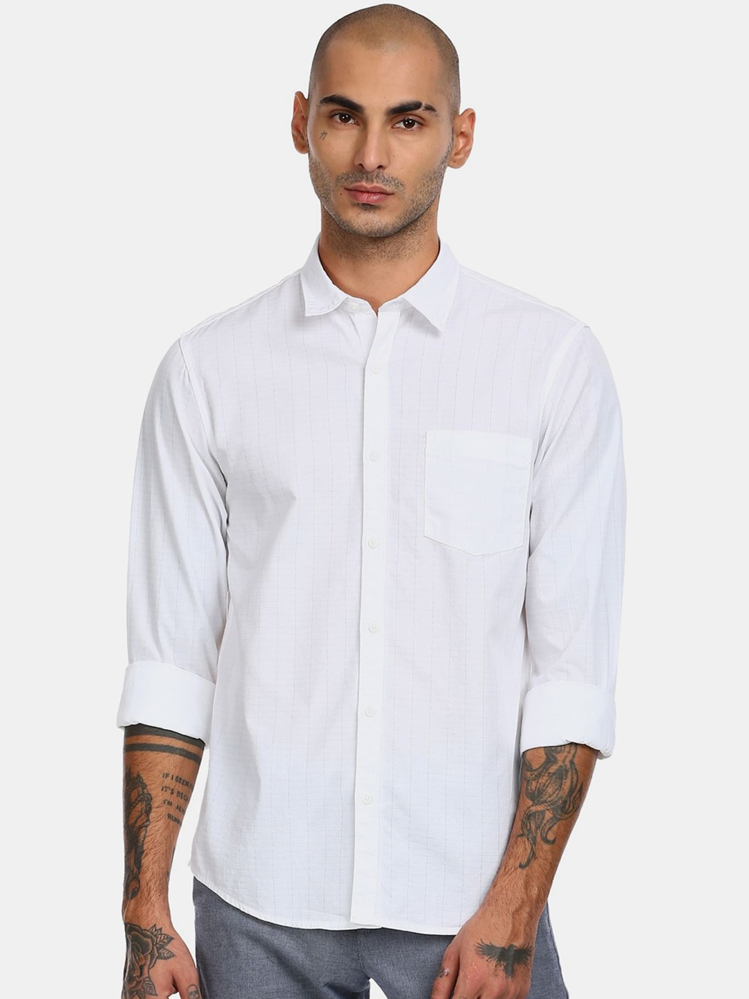 

Ruggers Men White & Grey Striped Cotton Casual Shirt