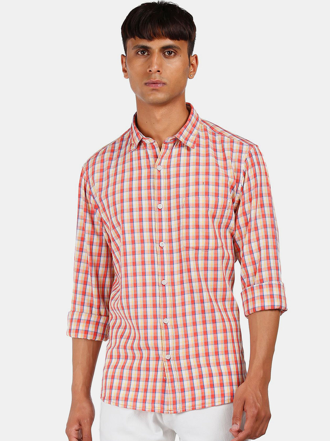 

Ruggers Men Orange & White Slim Fit Checked Cotton Casual Shirt