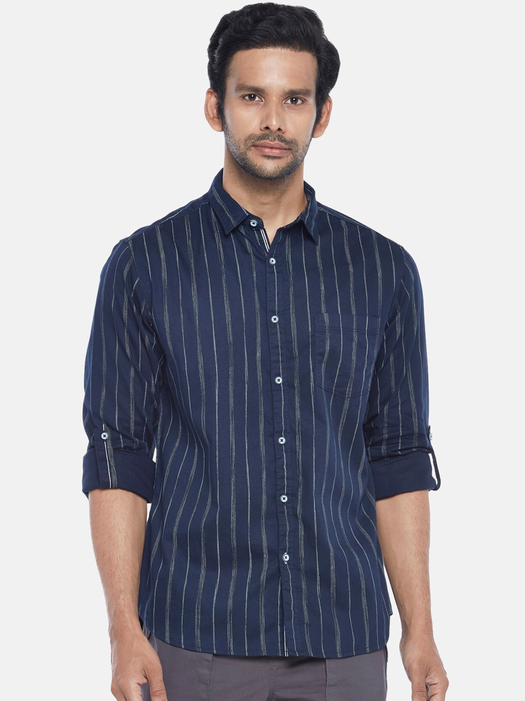

Urban Ranger by pantaloons Men Navy Blue & White Slim Fit Opaque Striped Casual Shirt