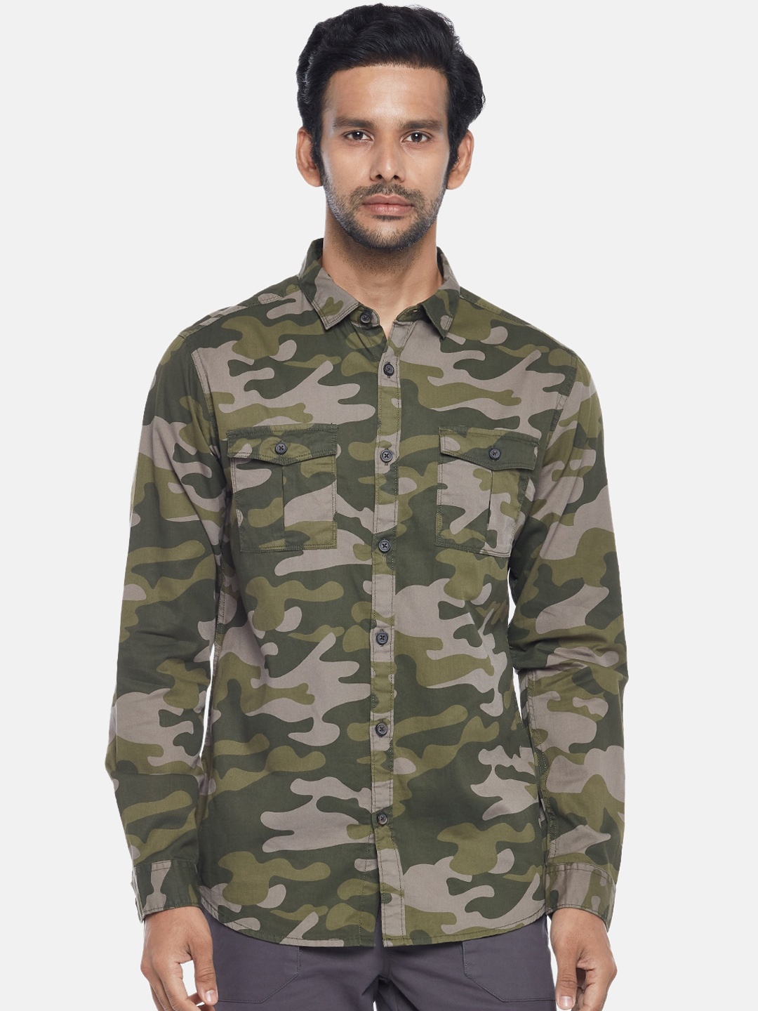 

Urban Ranger by pantaloons Men Olive Green Slim Fit Camouflage Printed Cotton Casual Shirt