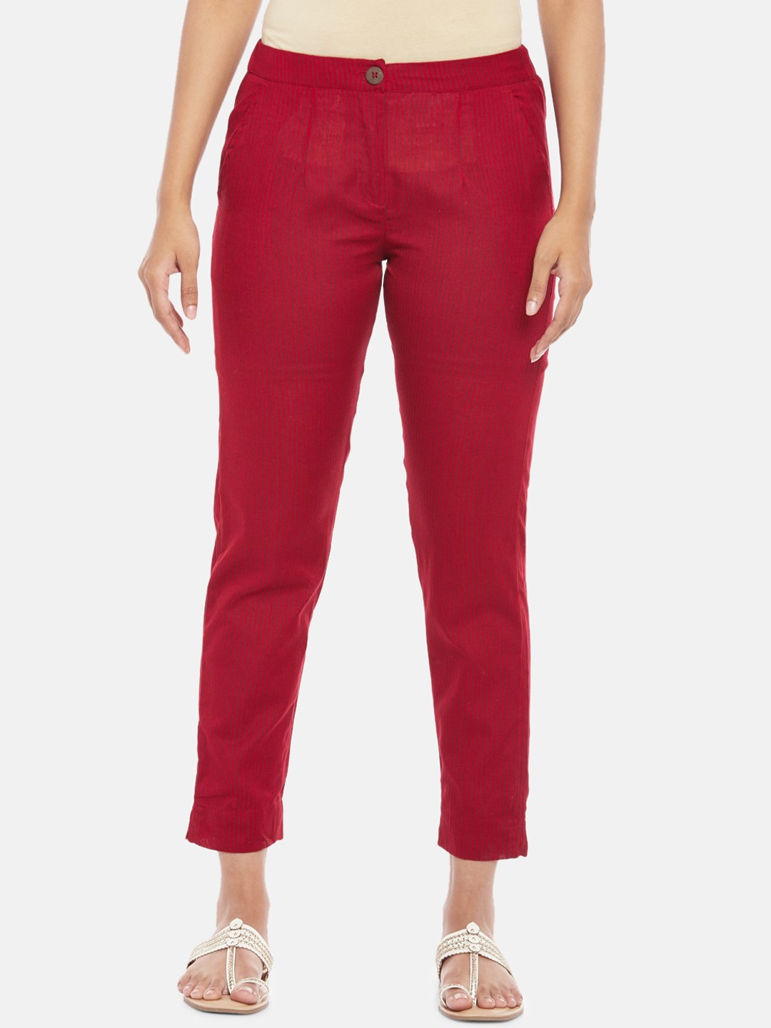 

AKKRITI BY PANTALOONS Women Maroon Pure Cotton Cigerette Trousers