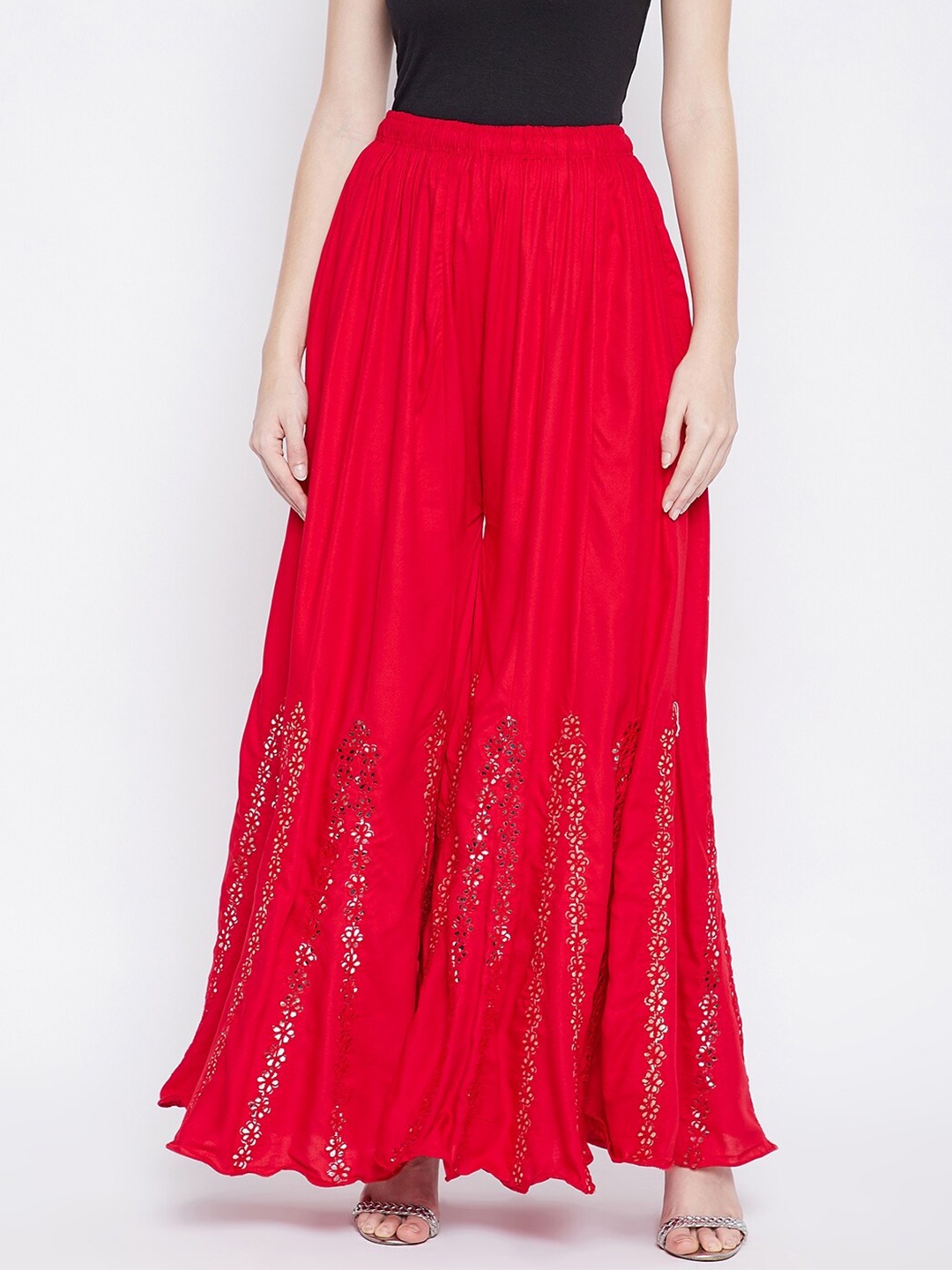 

TULIP 21 Women Red Floral Embellished Flared Palazzos