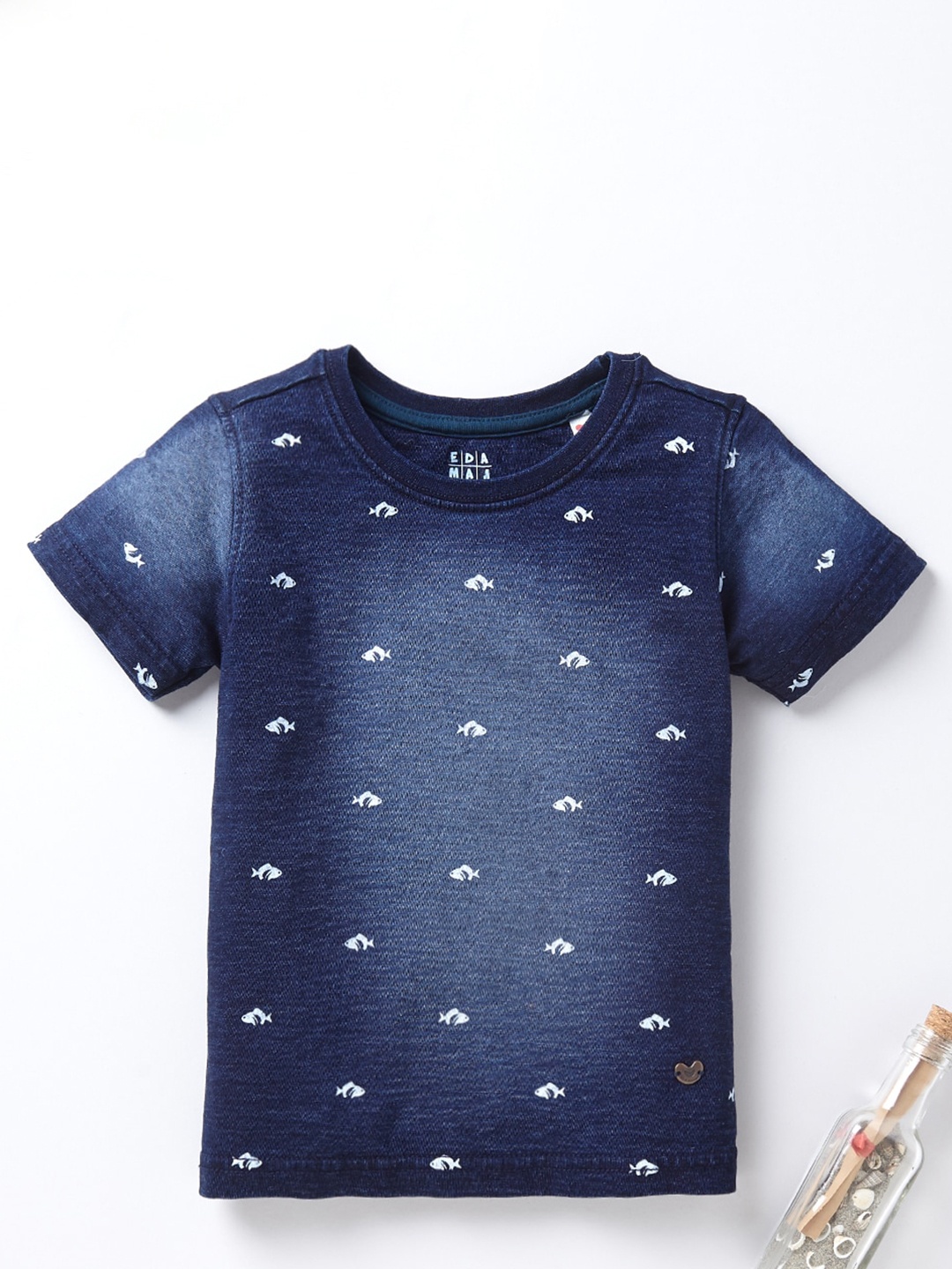

Ed-a-Mamma Boys Navy Blue White Printed Pure Cotton T-shirt