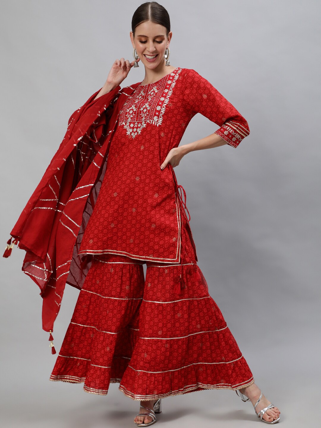 

Ishin Women Maroon Bandhani Embroidered Regular Kurta with Sharara & With Dupatta