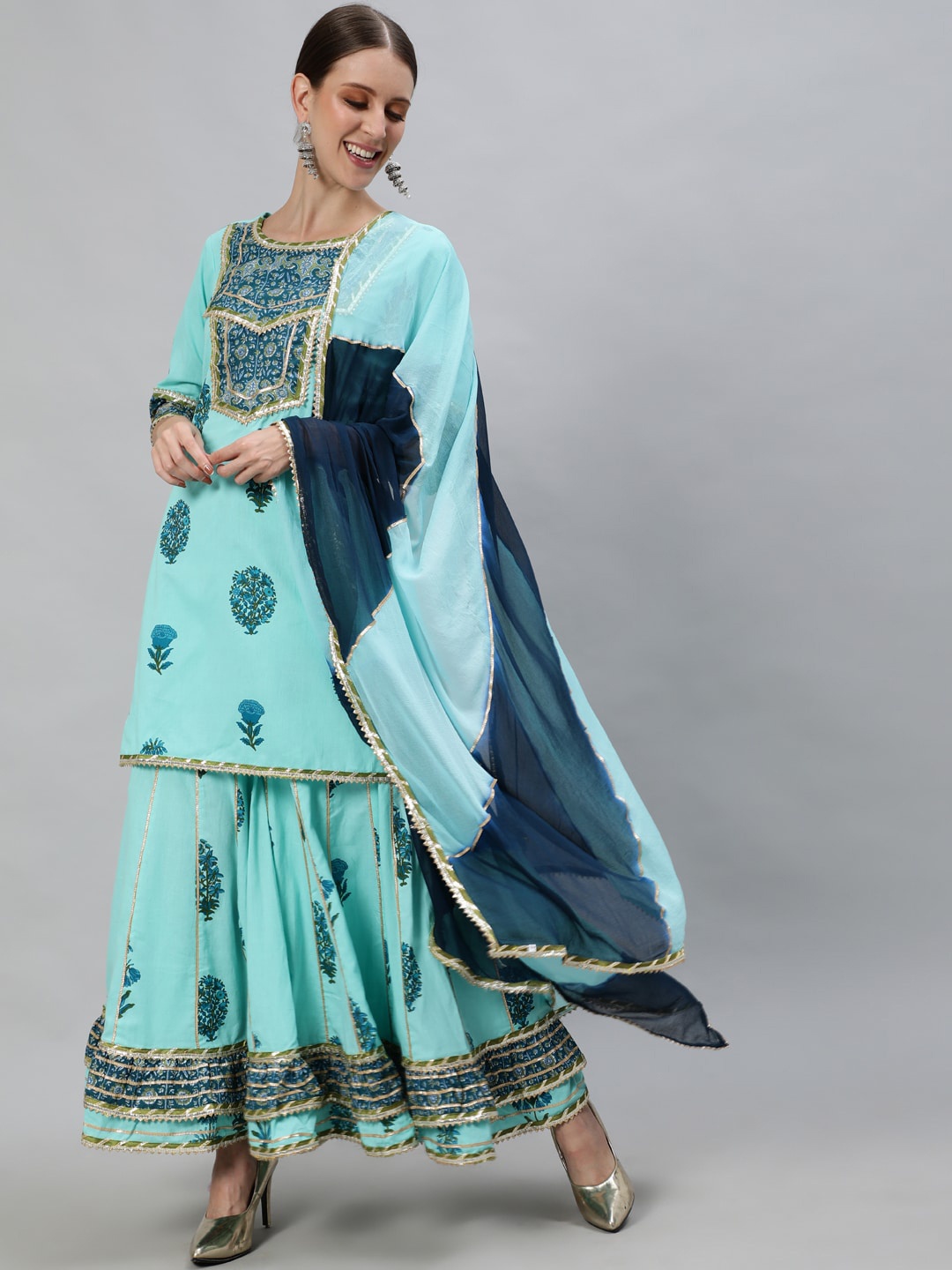 

Ishin Women Blue Ethnic Motifs Embroidered Regular Pure Cotton Kurta with Sharara & With Dupatta