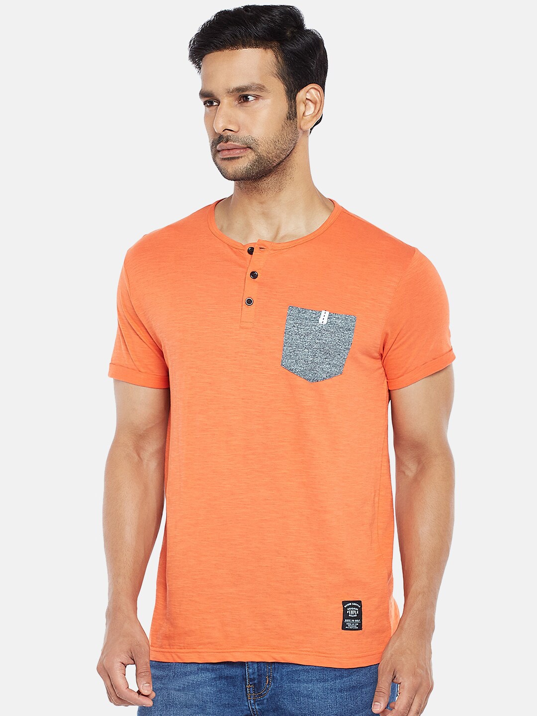 

People Men Coral Black Henley Neck Pockets Detail Pure Cotton T-shirt