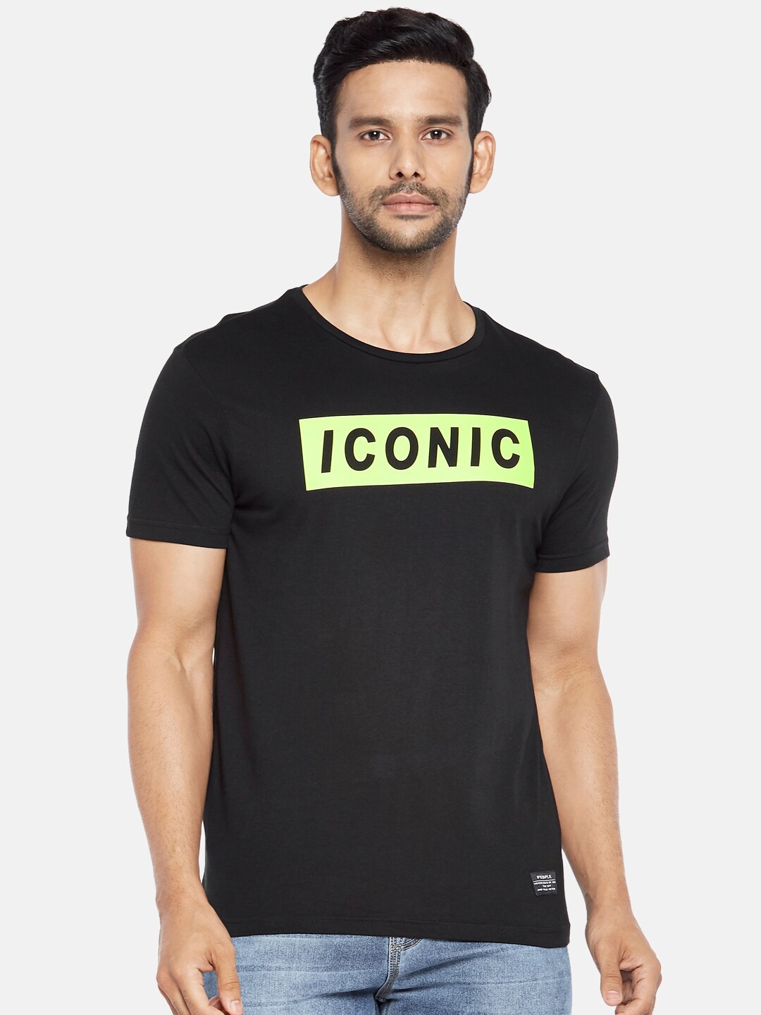 

People Men Black Lime Green Typography Printed Pure Cotton T-shirt