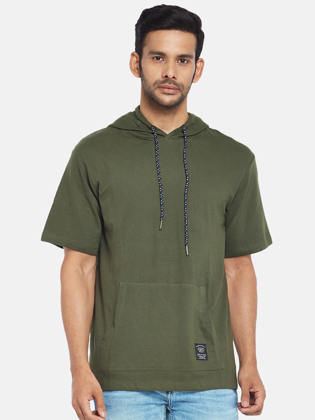 

People Men Olive Green Pockets Detail Pure Cotton T-shirt