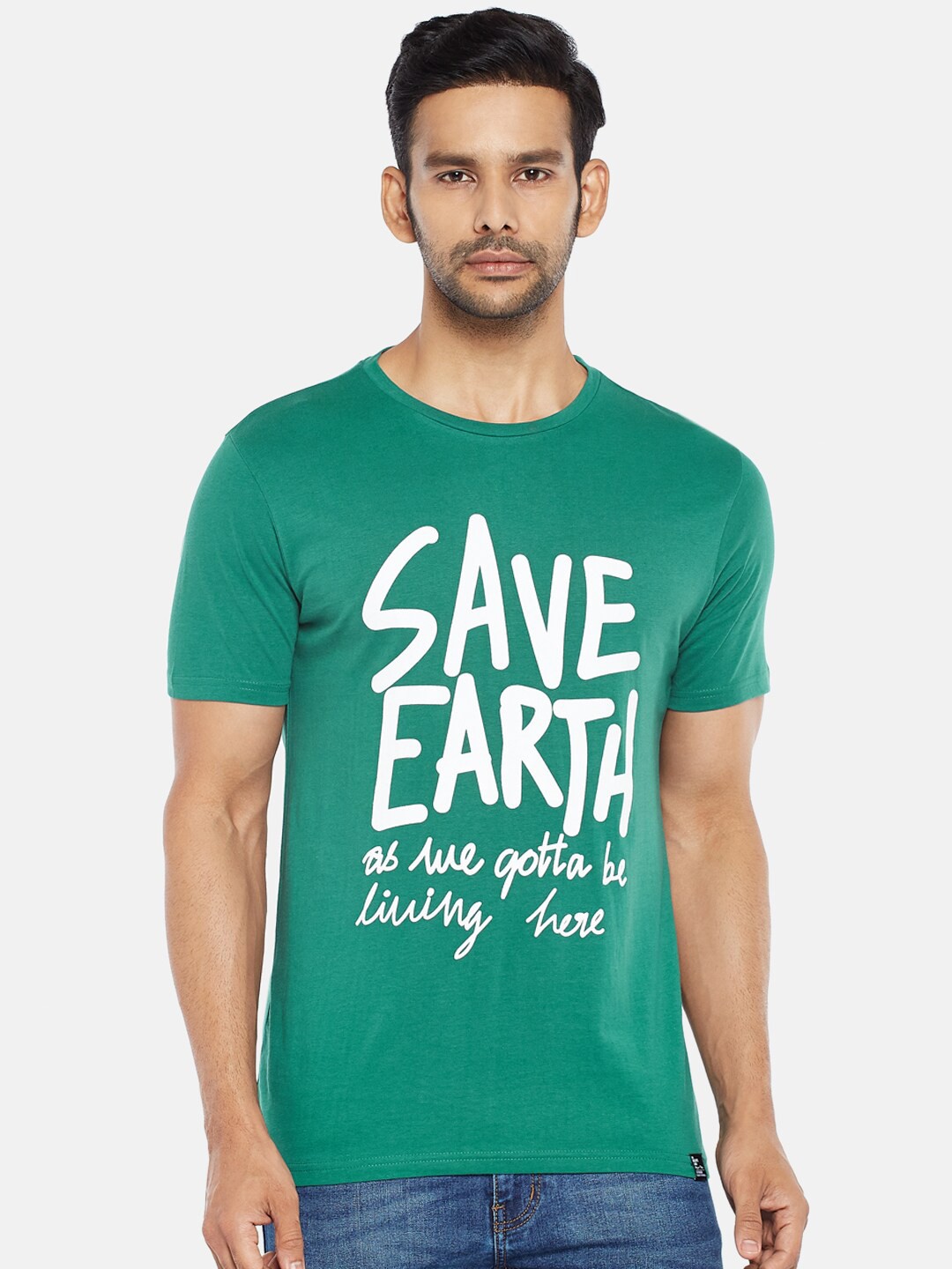 

People Men Green White Typography Printed Pure Cotton T-shirt