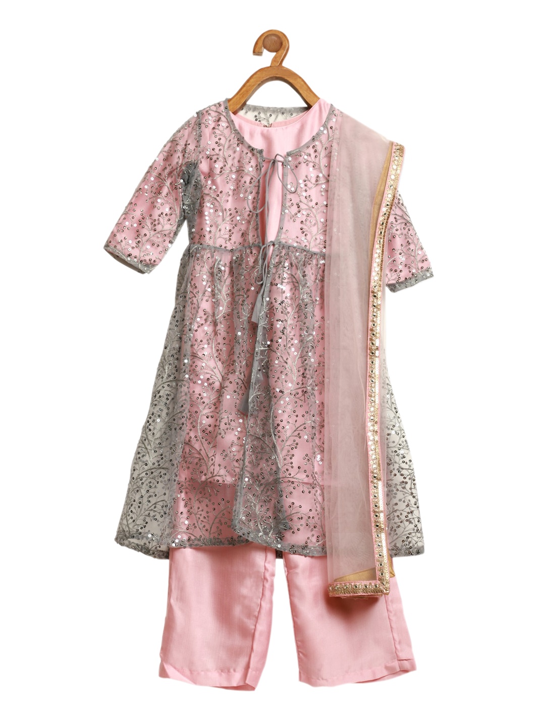 

Ethnovog Girls Pink Grey Floral Embroidered Sequinned Kurti With Trousers Dupatta